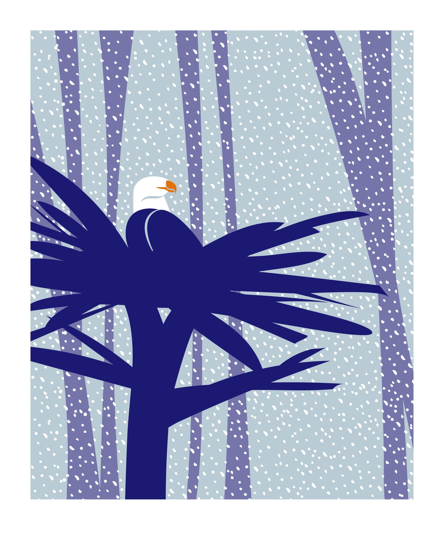 8 X 10 art print featuring a bald eagle sitting in a nest high in the tree tops. Snow is falling in the background