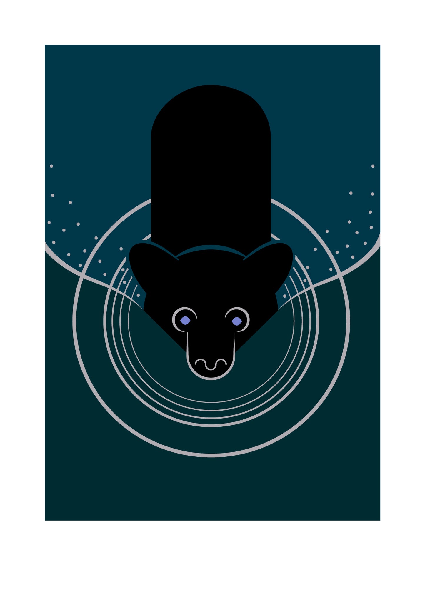 5 X 7 art print featuring a black bear swimming. The bear leaves a ripple and a wake behind him.