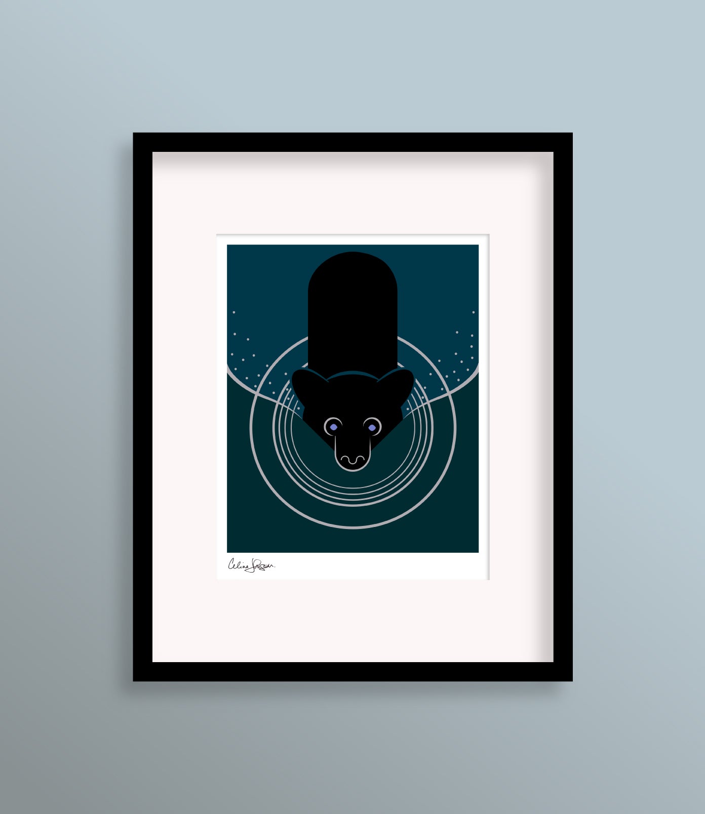 8 X 10 framed art print featuring a black bear swimming. The bear leaves a ripple and a wake behind him.