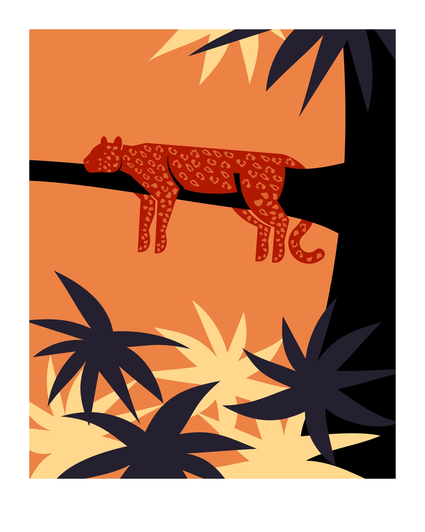8 X 10 art print featuring a jaguar sleeping on the branch of a tree in the forest.