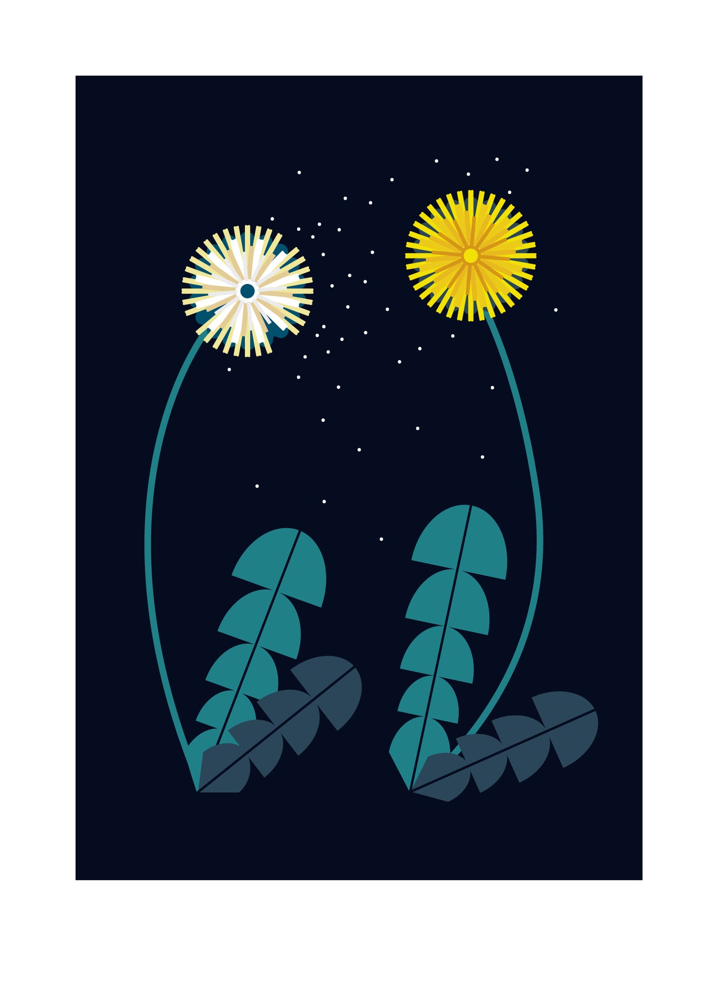 5 X 7 art print featuring two dandelions on a blue background. The dandelion on the left has gone to seed, while the one on the right is in peak bloom.