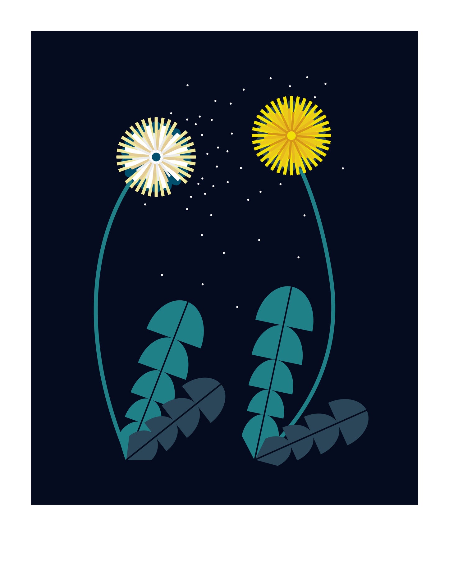 8 X 10 art print featuring two dandelions on a blue background. The dandelion on the left has gone to seed, while the one on the right is in peak bloom.