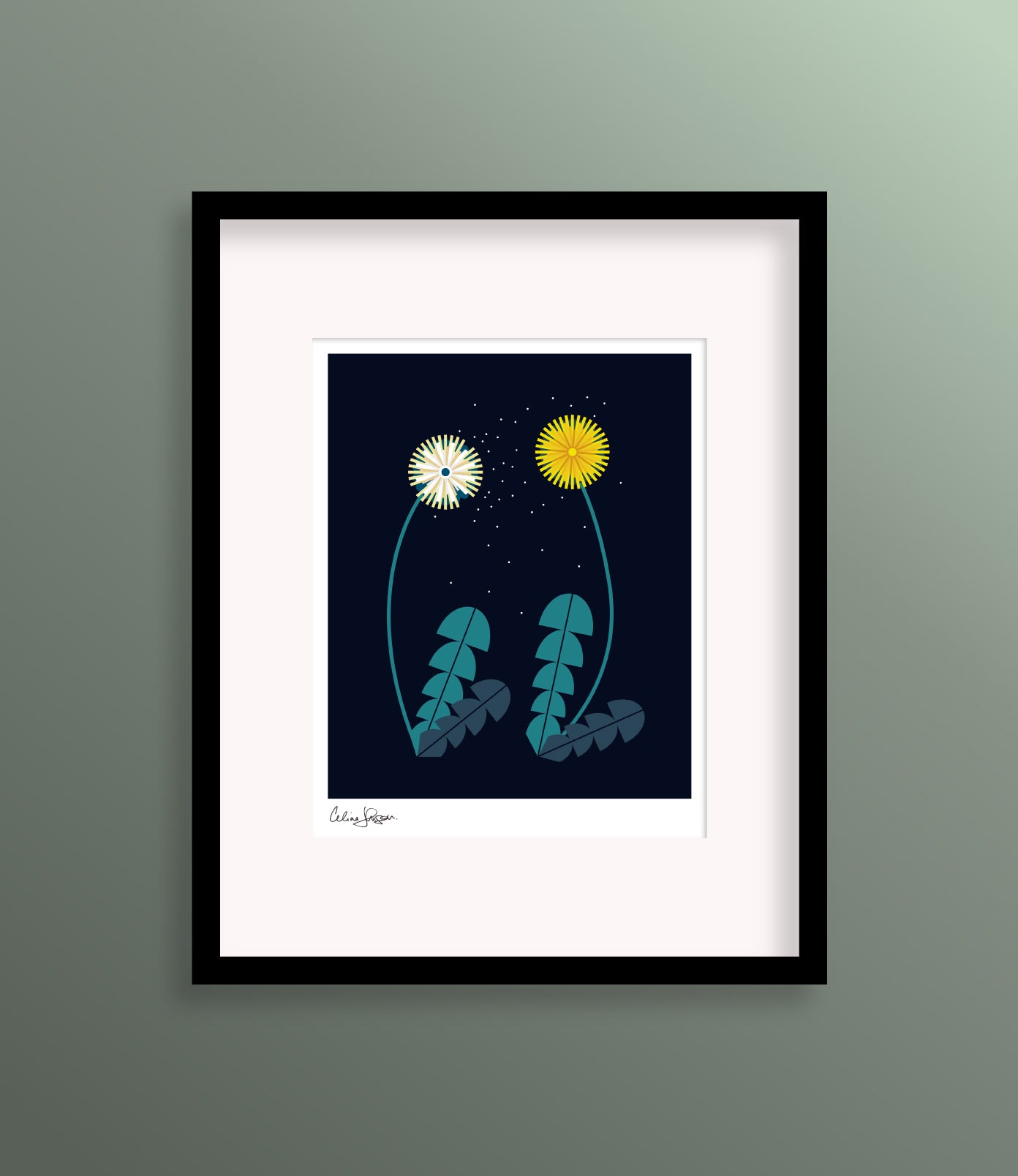 8 X 10 framed art print featuring two dandelions on a blue background. The dandelion on the left has gone to seed, while the one on the right is in peak bloom.
