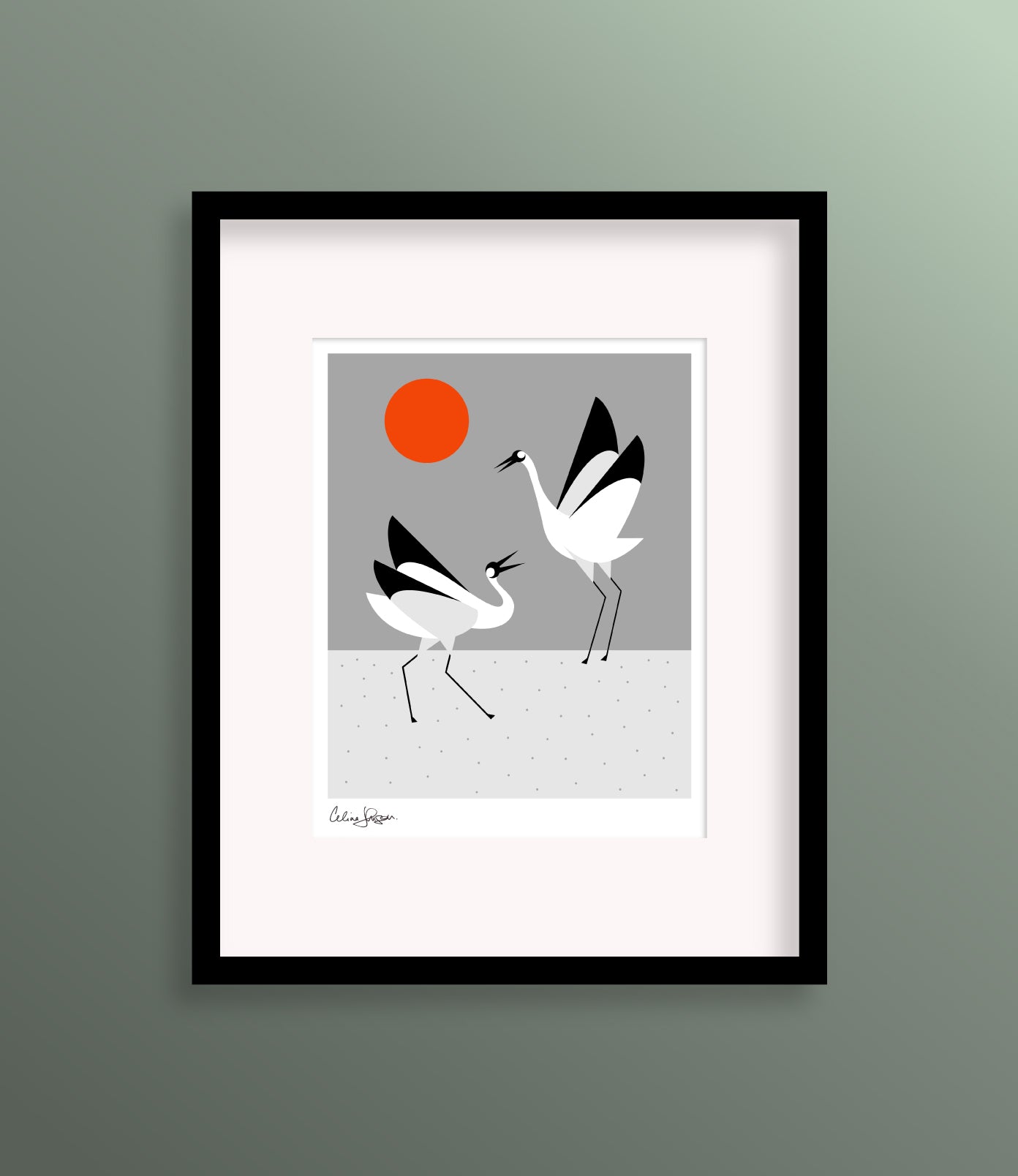 8 X 10 framed art print featuring two whooping cranes dancing with an orange sun against a grey background.