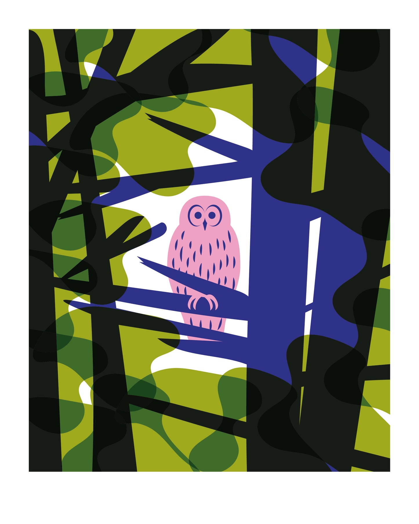 8 X 10 art print featuring a pink owl sitting on a branch, framed by bright green and blue trees in a forest.