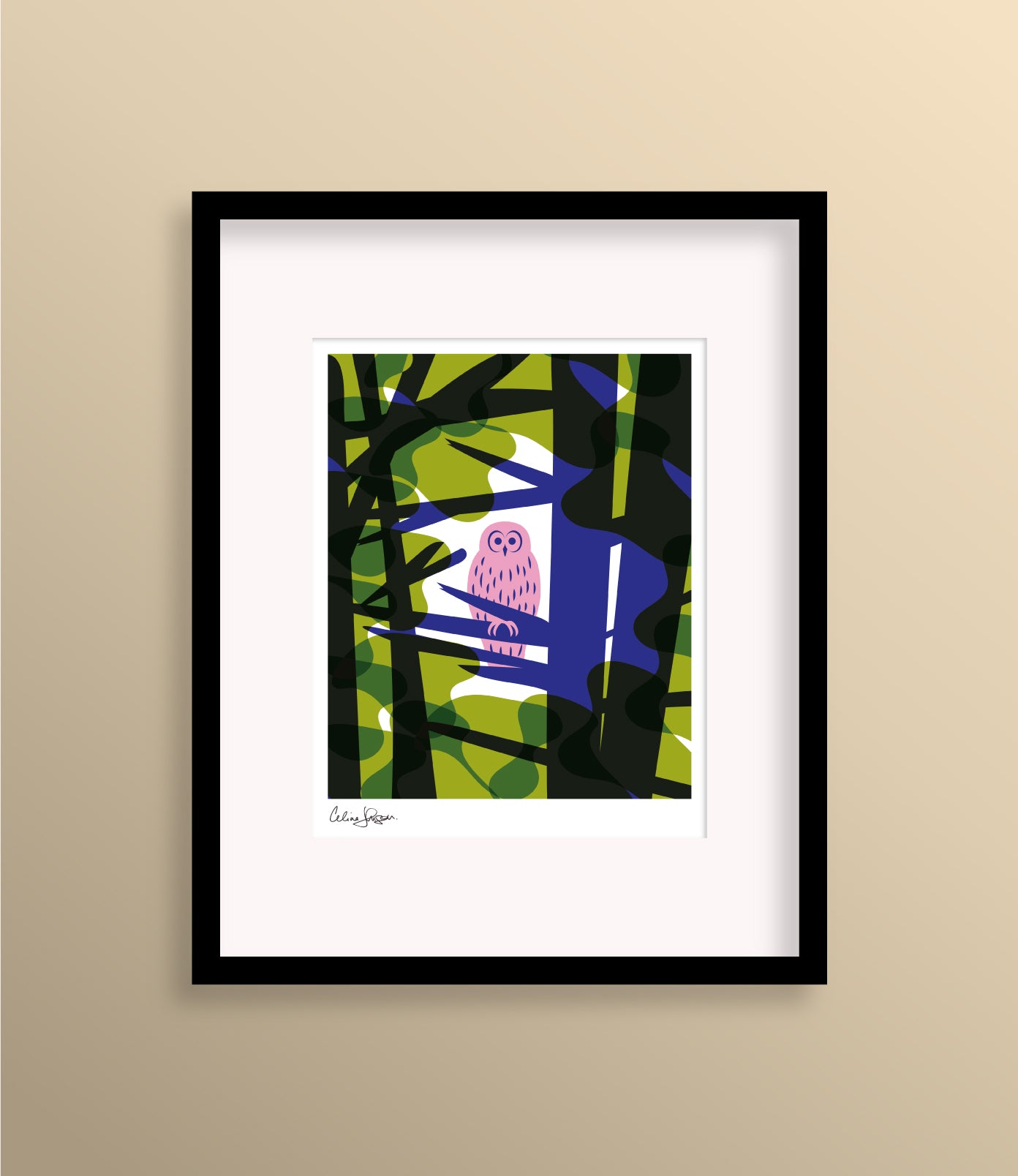 8 X 10 framed art print featuring a pink owl sitting on a branch, framed by bright green and blue trees in a forest.