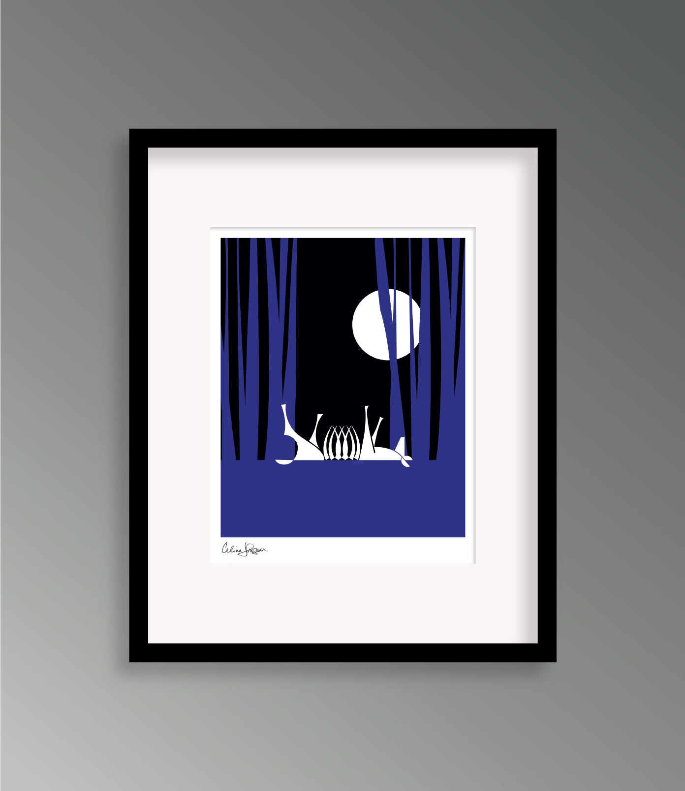 8 X 10 framed art print featuring a deer skeleton upside down in the forest at night. The forest is cast in bright blue and a full moon is in the background.