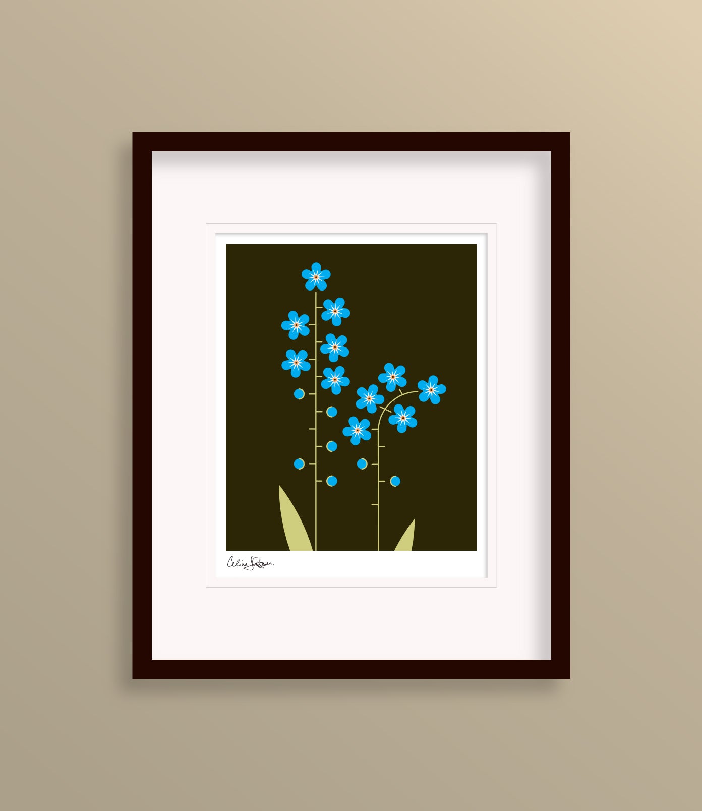 8 X 10 Framed art print featuring two forget me not wild flowers on a dark green background