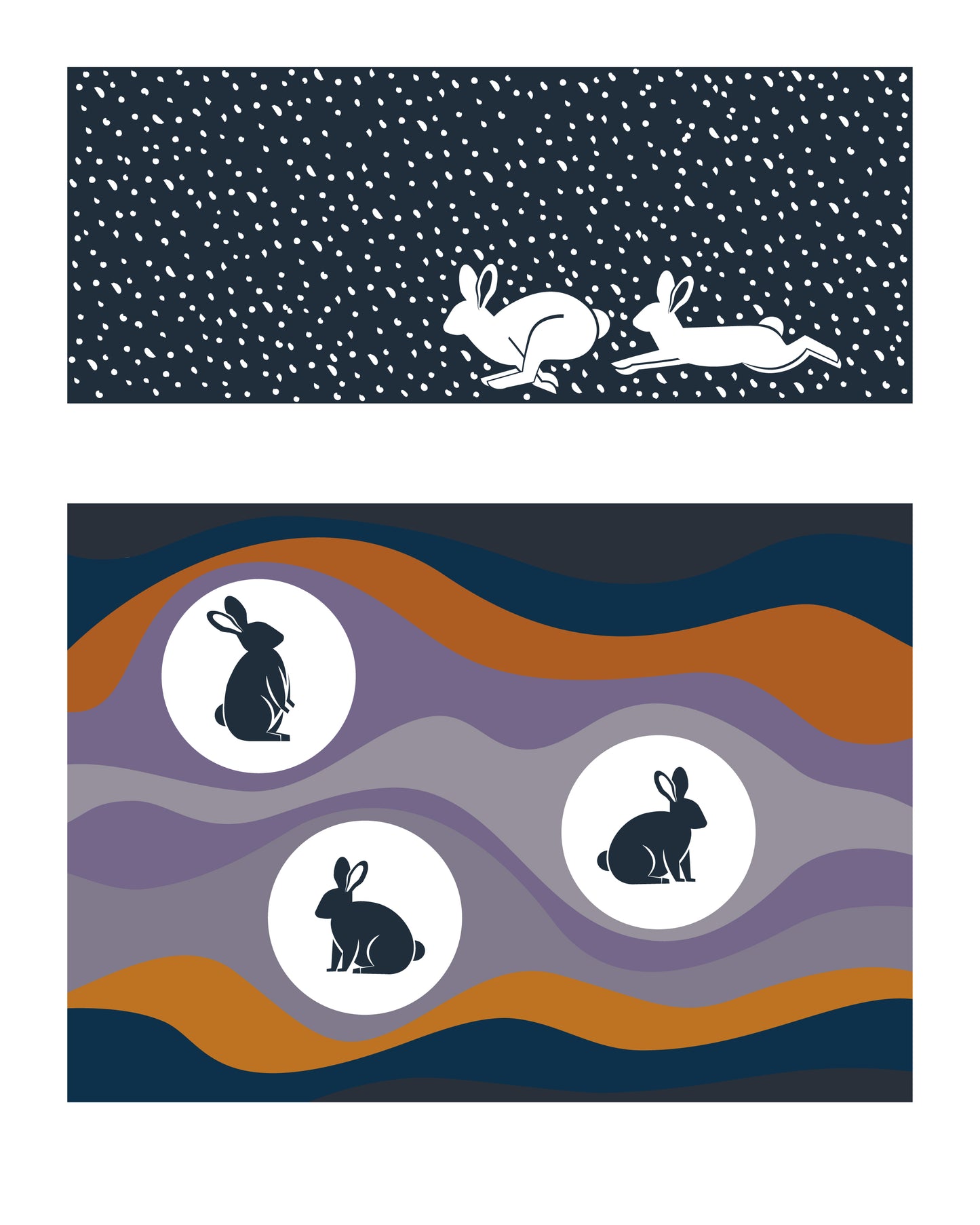 8 X 10 art print featuring two white rabbits above ground chasing after each other in the snow. Under ground are 3 rabbits in their burrows. Striations in the earth are visible around the burrows.