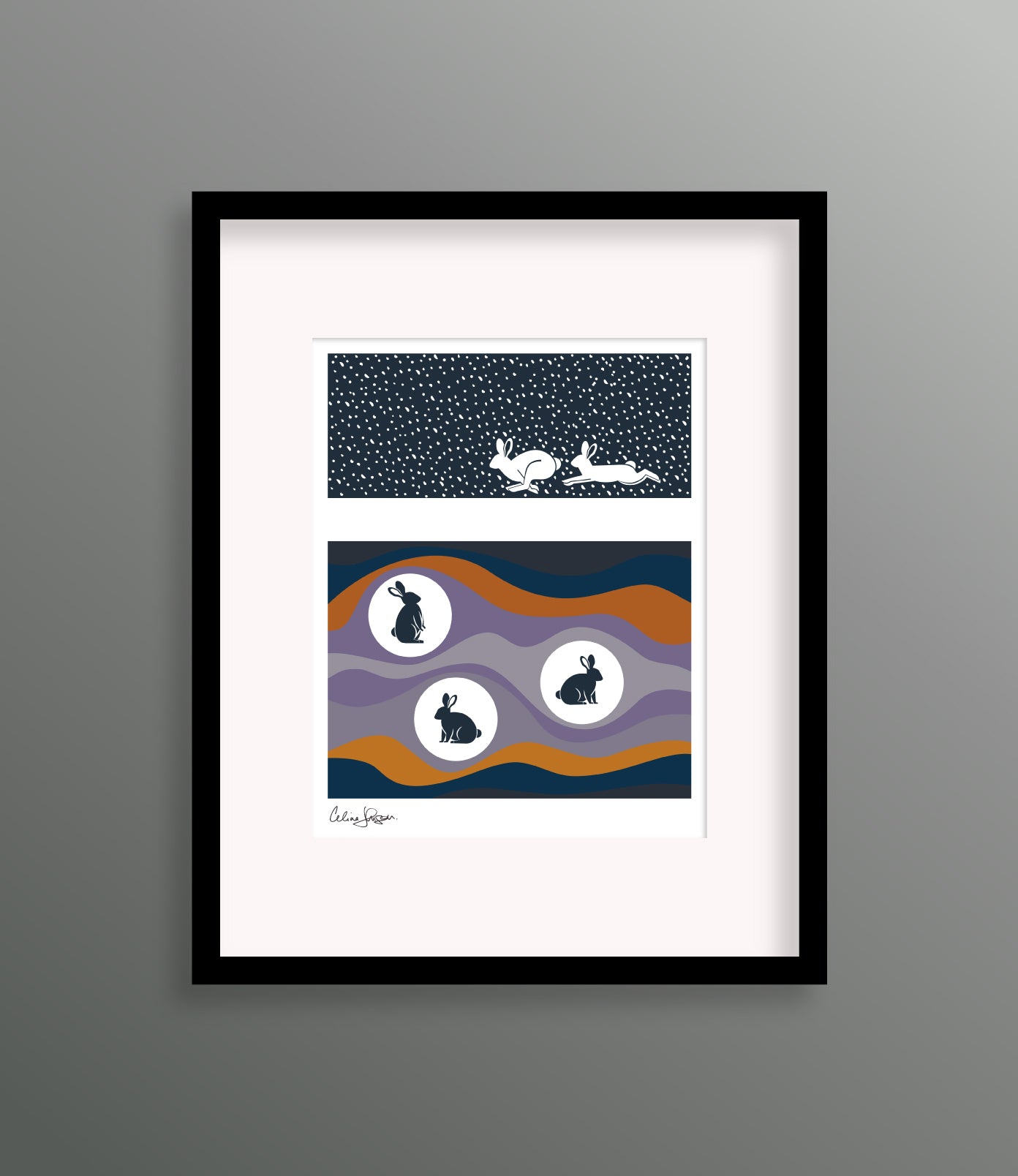 8 X 10 framed art print featuring two white rabbits above ground chasing after each other in the snow. Under ground are 3 rabbits in their burrows. Striations in the earth are visible around the burrows.