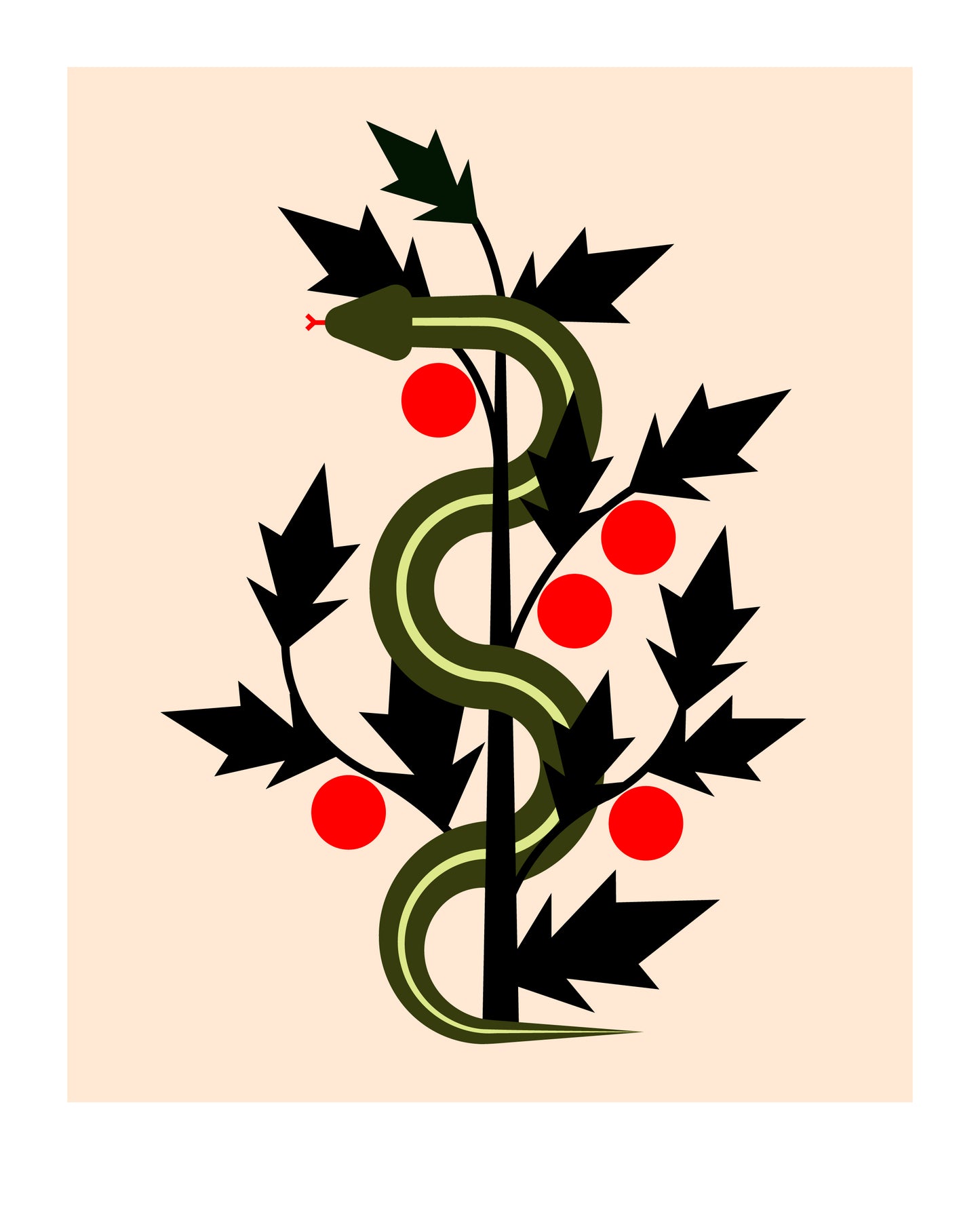 8 X 10 art print featuring a ribbon snake with its tongue sticking out. The snake is coiled around the leaves of a tomato plant.