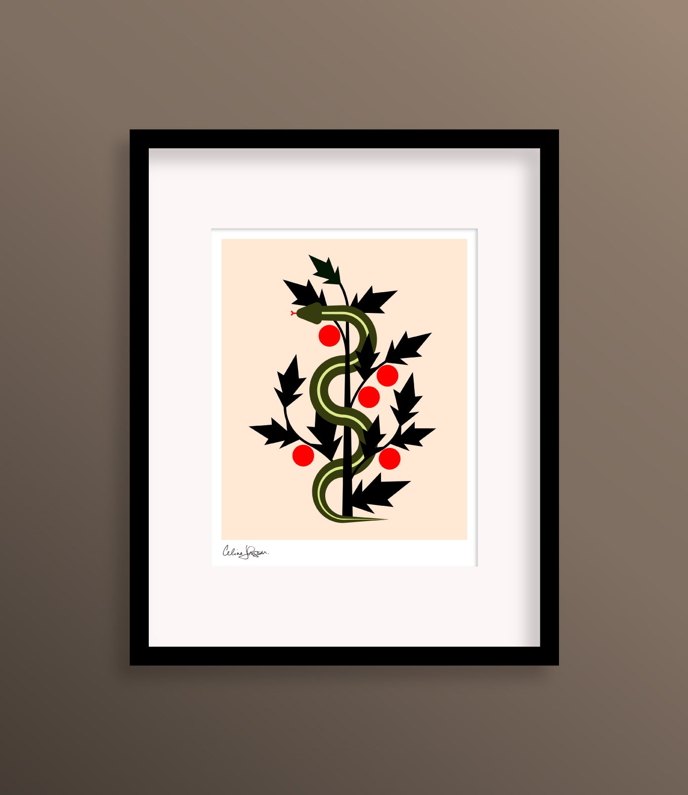 8 X 10 framed art print featuring a ribbon snake with its tongue sticking out. The snake is coiled around the leaves of a tomato plant.