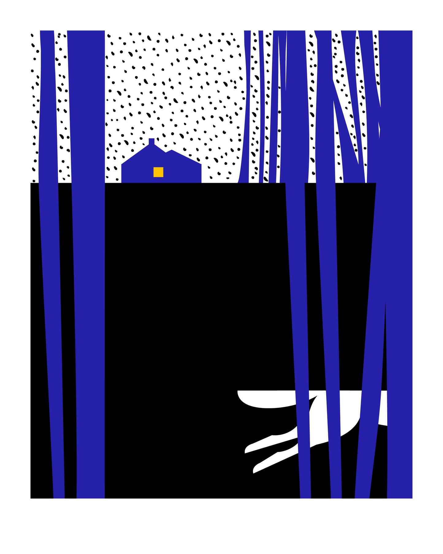 8 X 10 art print featuring the back legs and tail of a coyote in the foreground as it runs across the forest out of sight. In the background is a house on top of a hill.