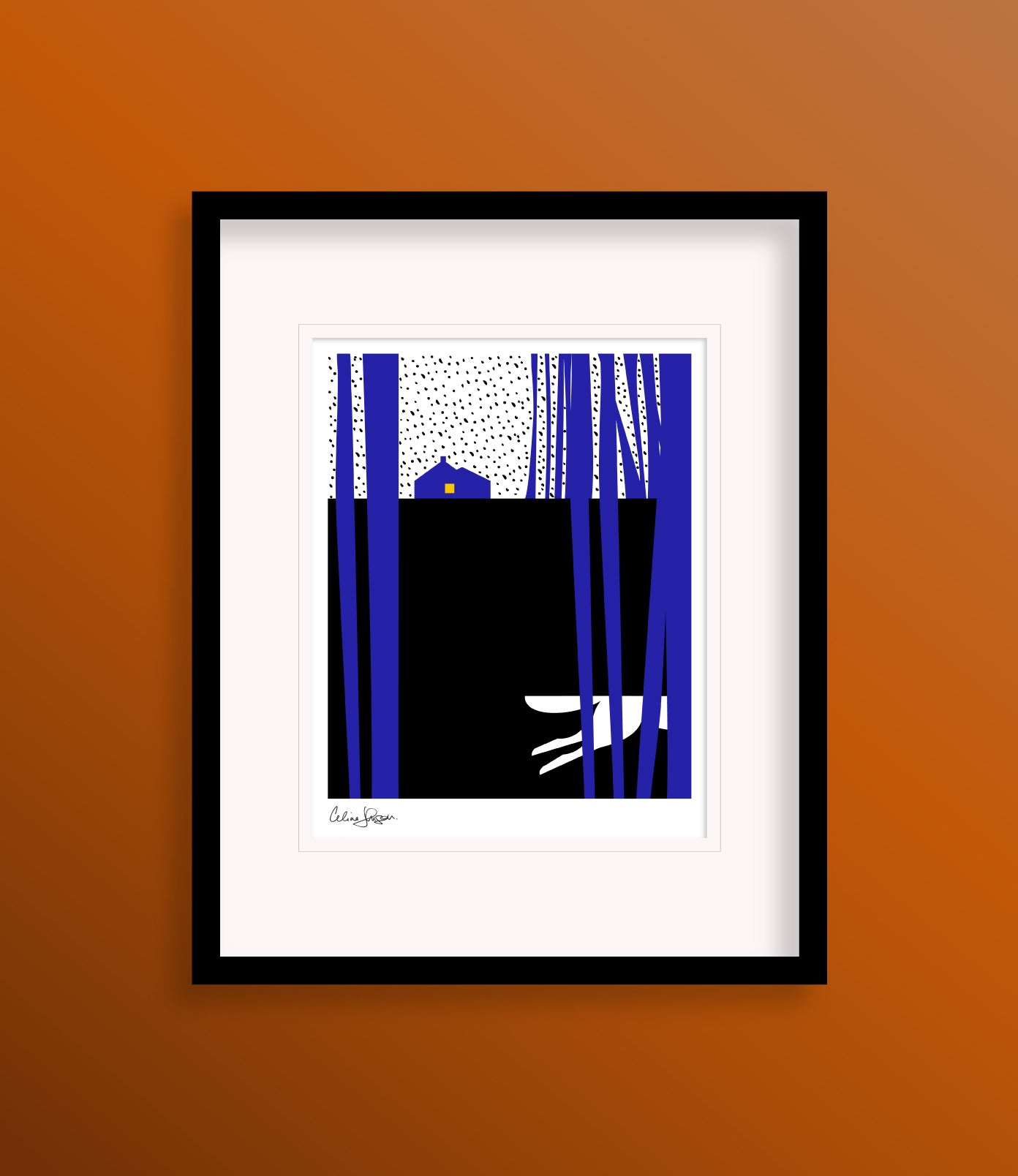 8 X 10 framed art print featuring the back legs and tail of a coyote in the foreground as it runs across the forest out of sight. In the background is a house on top of a hill.