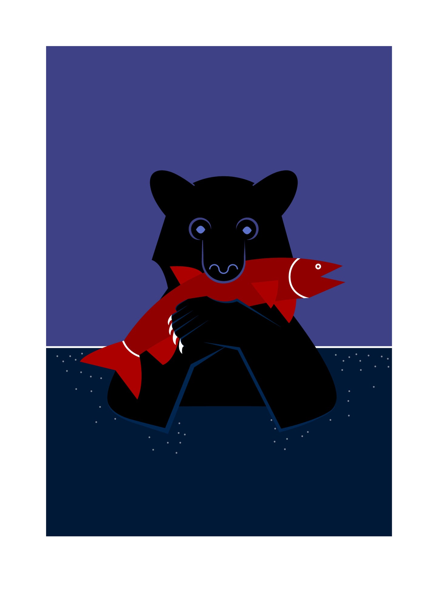 5 X 7 art print featuring a black bear submerged in deep blue water, holding a bright orange salmon between his claws and in his mouth.