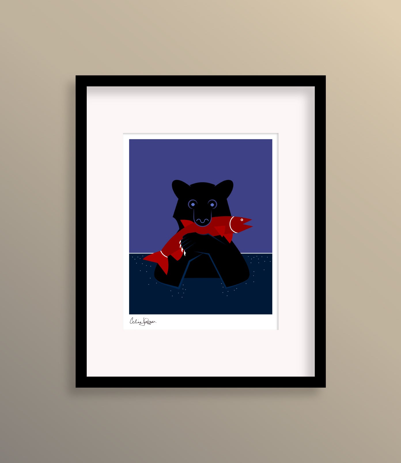 8 X 10 framed art print featuring a black bear submerged in deep blue water, holding a bright orange salmon between his claws and in his mouth.