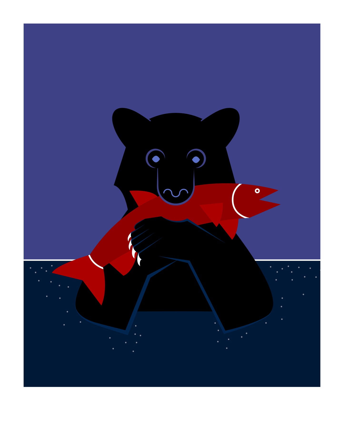 8 X 10 art print featuring a black bear submerged in deep blue water, holding a bright orange salmon between his claws and in his mouth.