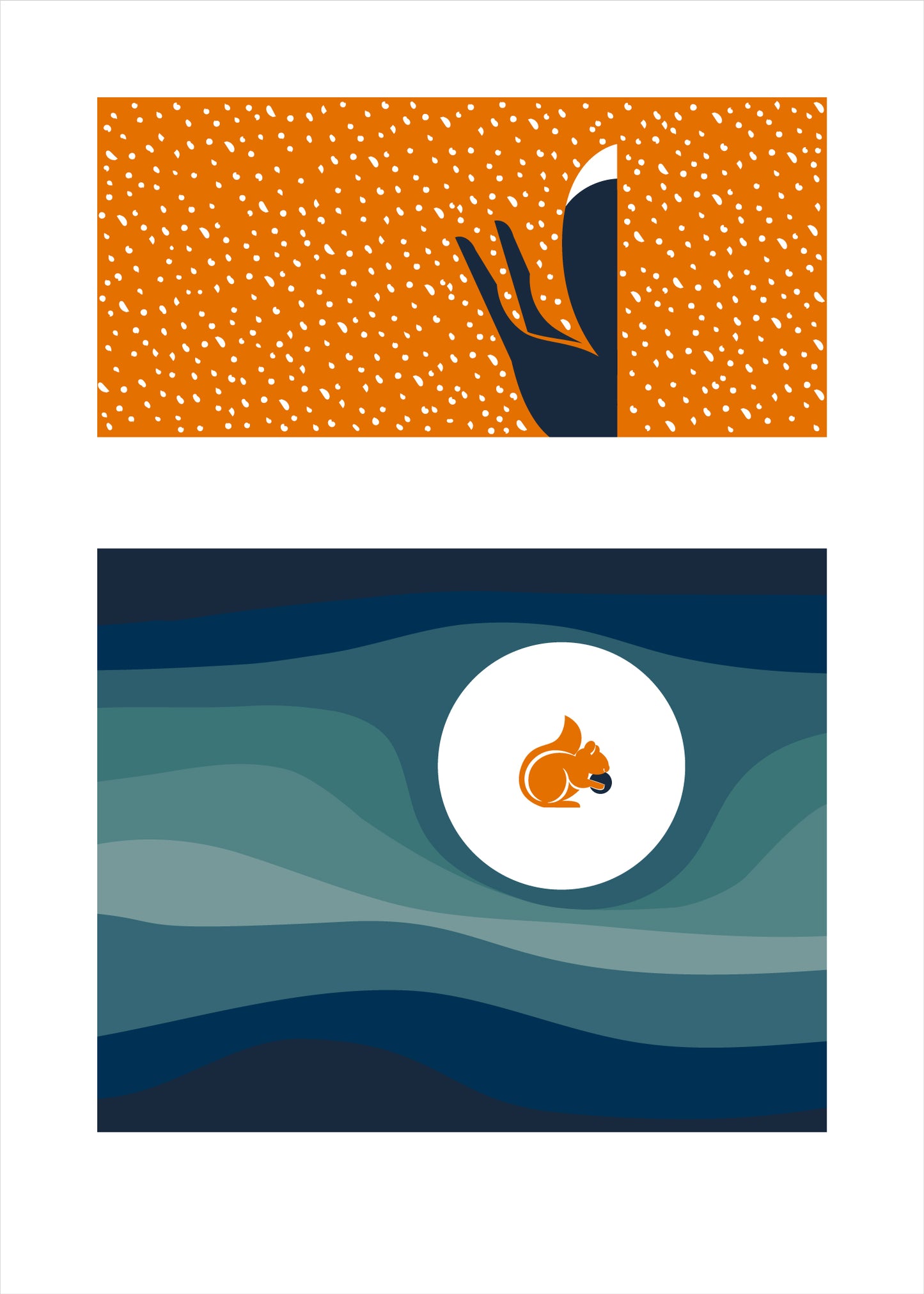 5 X 7 art print featuring a fox on a bright orange background, diving under the snow to reach a squirrel buried in the ground in waves of blue soil.