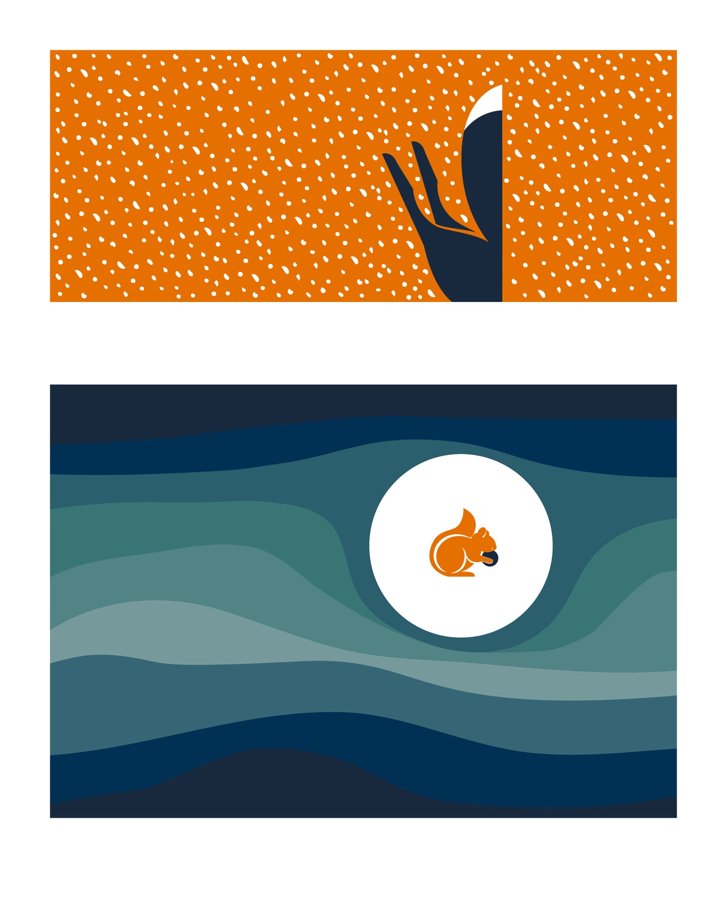 8 X 10 art print featuring a fox on a bright orange background, diving under the snow to reach a squirrel buried in the ground in waves of blue soil.