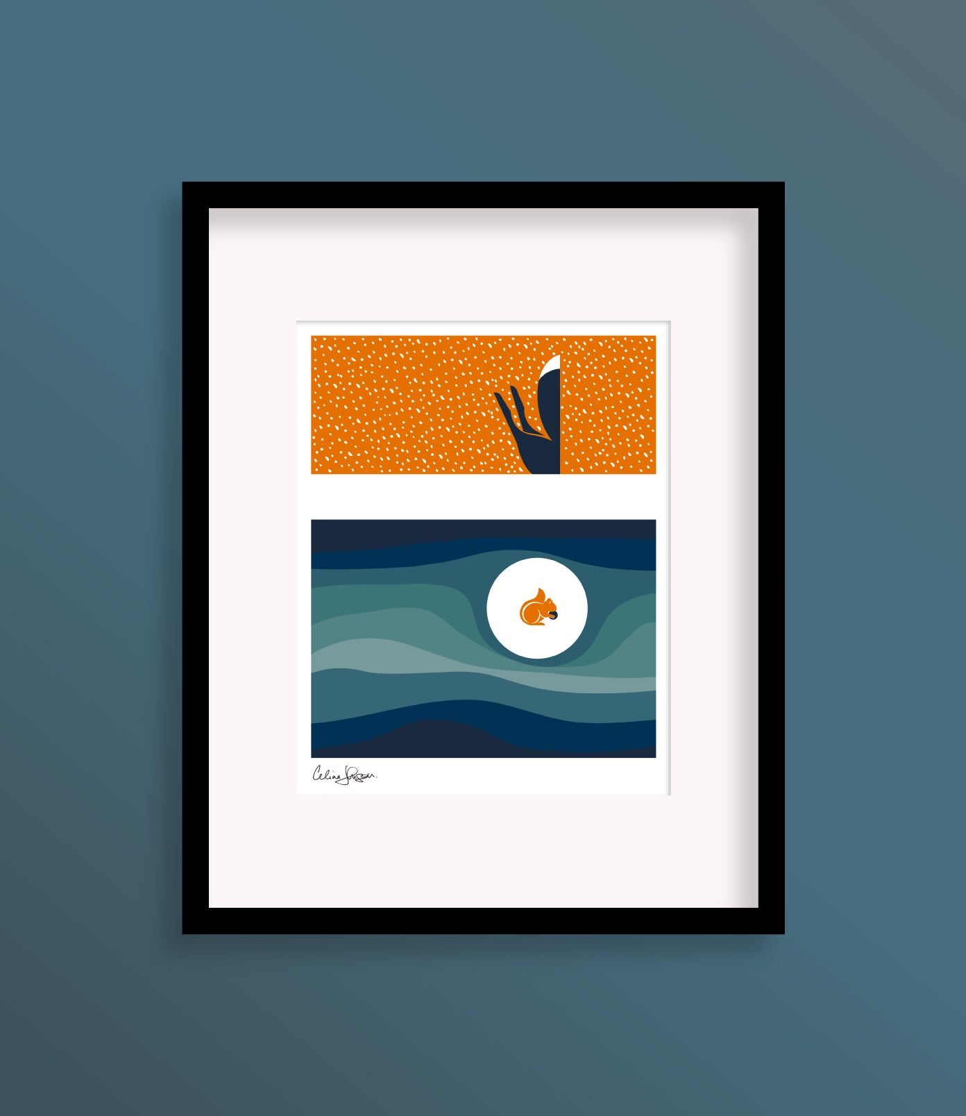 8 X 10 Framed art print featuring a fox on a bright orange background, diving under the snow to reach a squirrel buried in the ground in waves of blue soil.