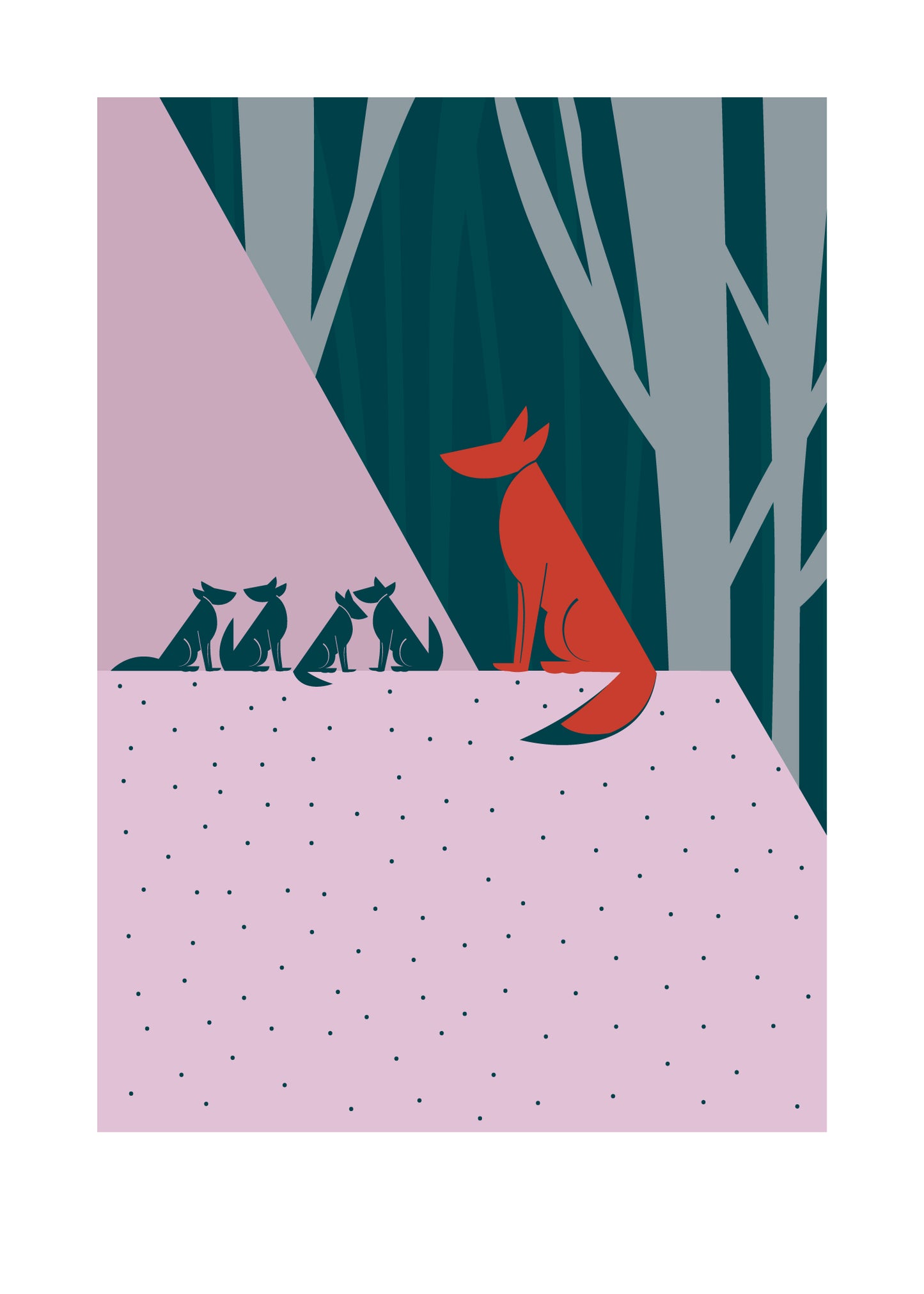 5 X 7 art print featuring an orange fox mother sitting on a ledge in the forest with her four fox cubs.