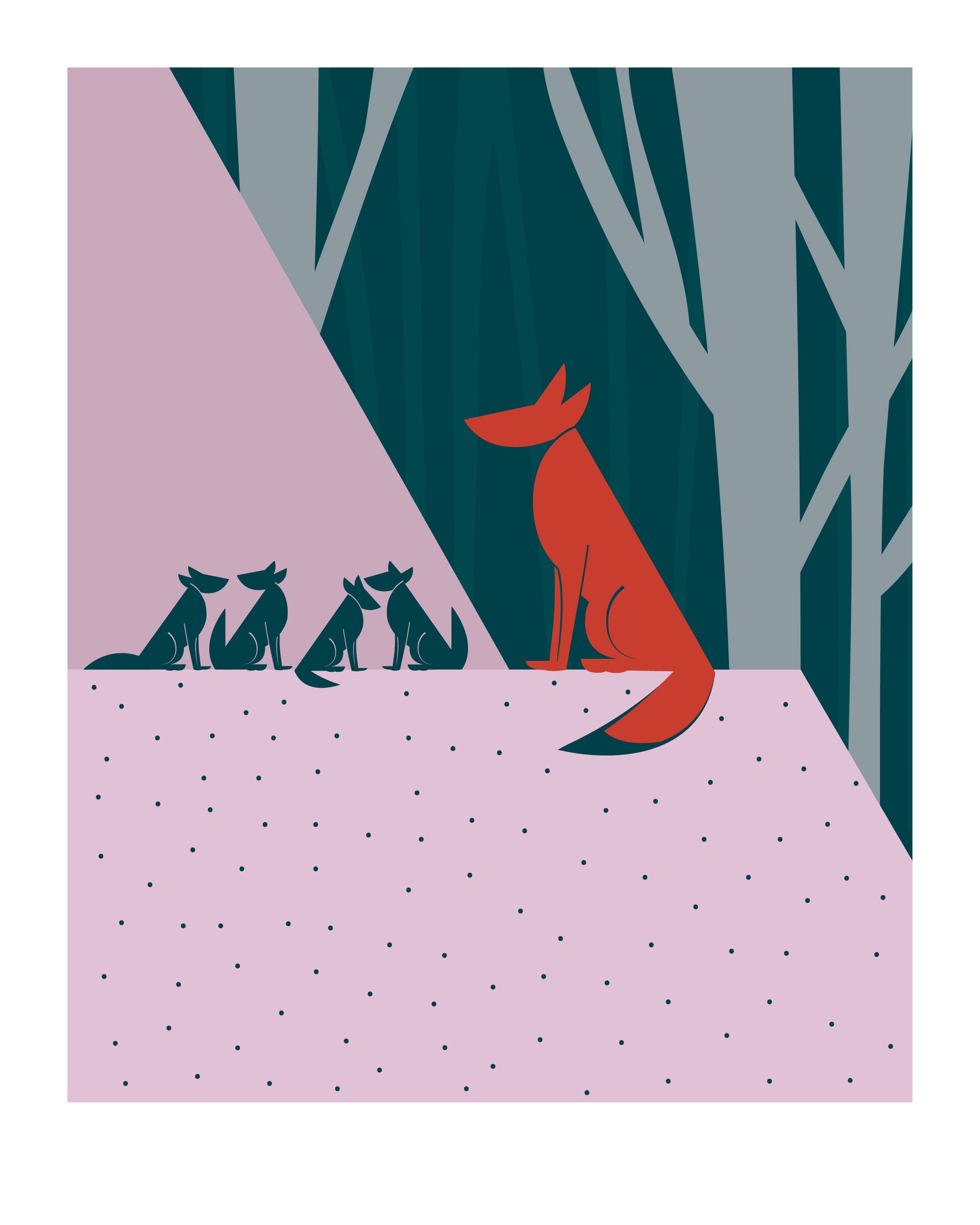 8 X 10 art print featuring an orange fox mother sitting on a ledge in the forest with her four fox cubs.