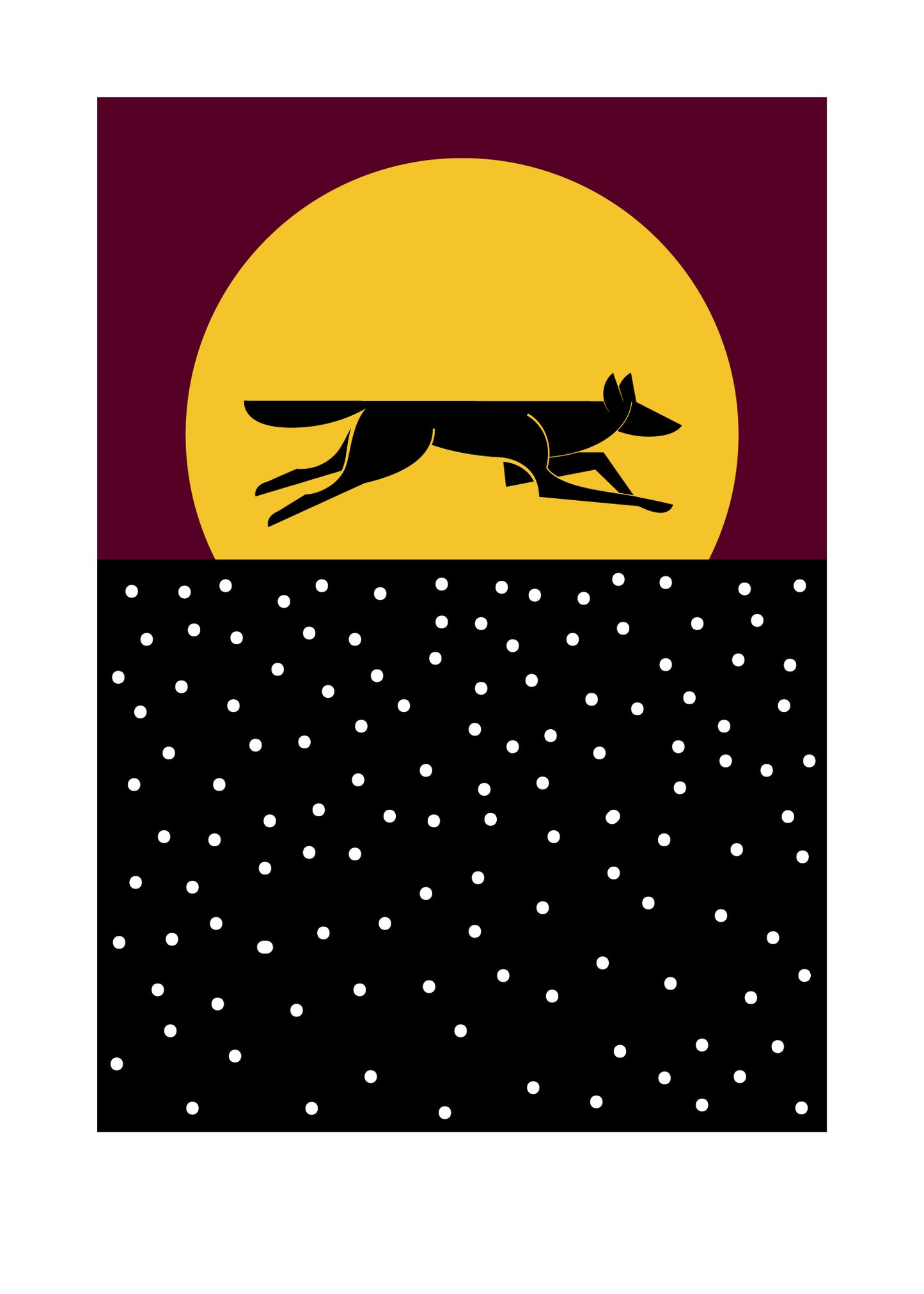 5 X 7 art print featuring a running coyote silhouetted against a yellow full moon. The sky behind is burgundy with a white polka dotted foreground.