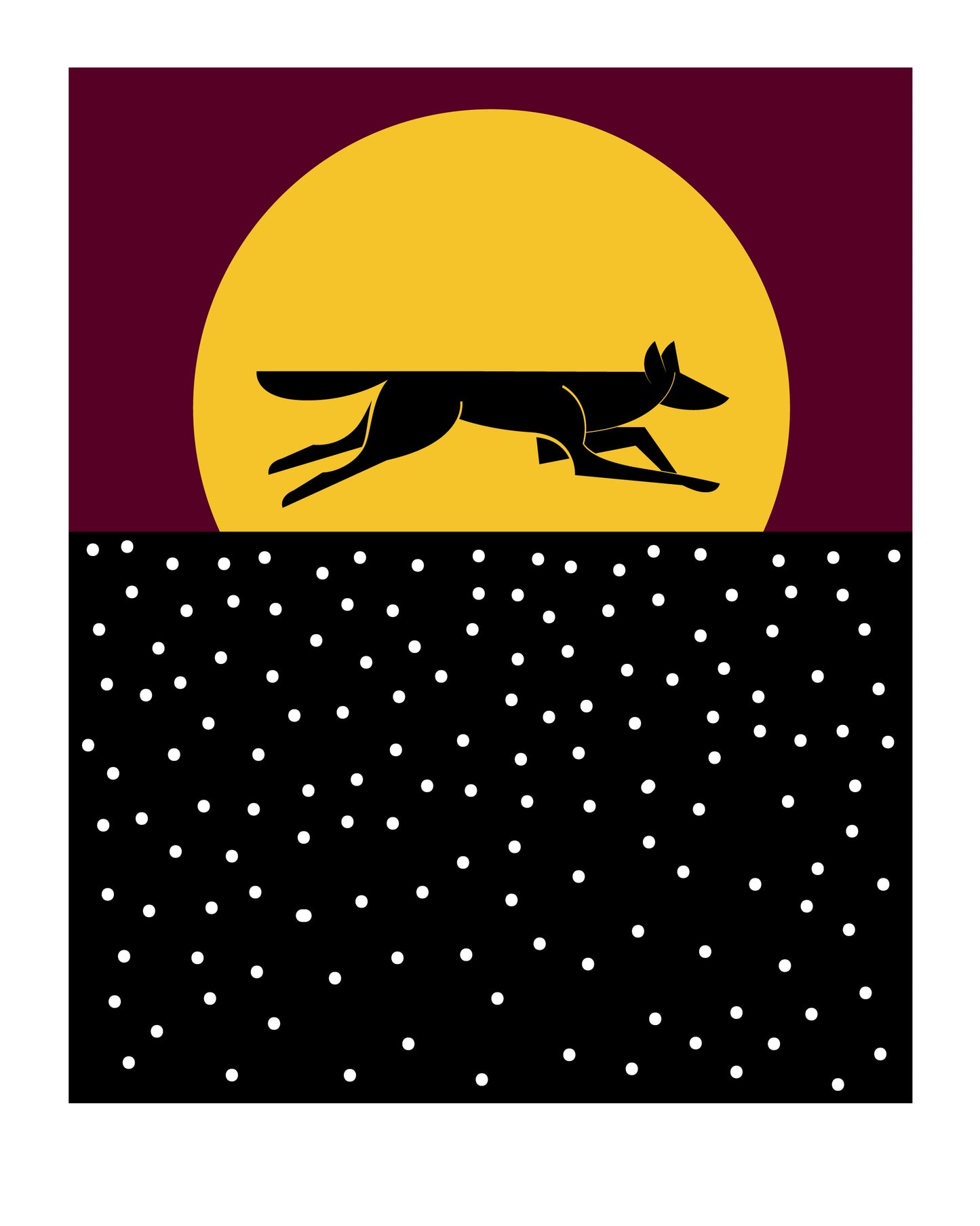 8 X 10 art print featuring a running coyote silhouetted against a yellow full moon. The sky behind is burgundy with a white polka dotted foreground.