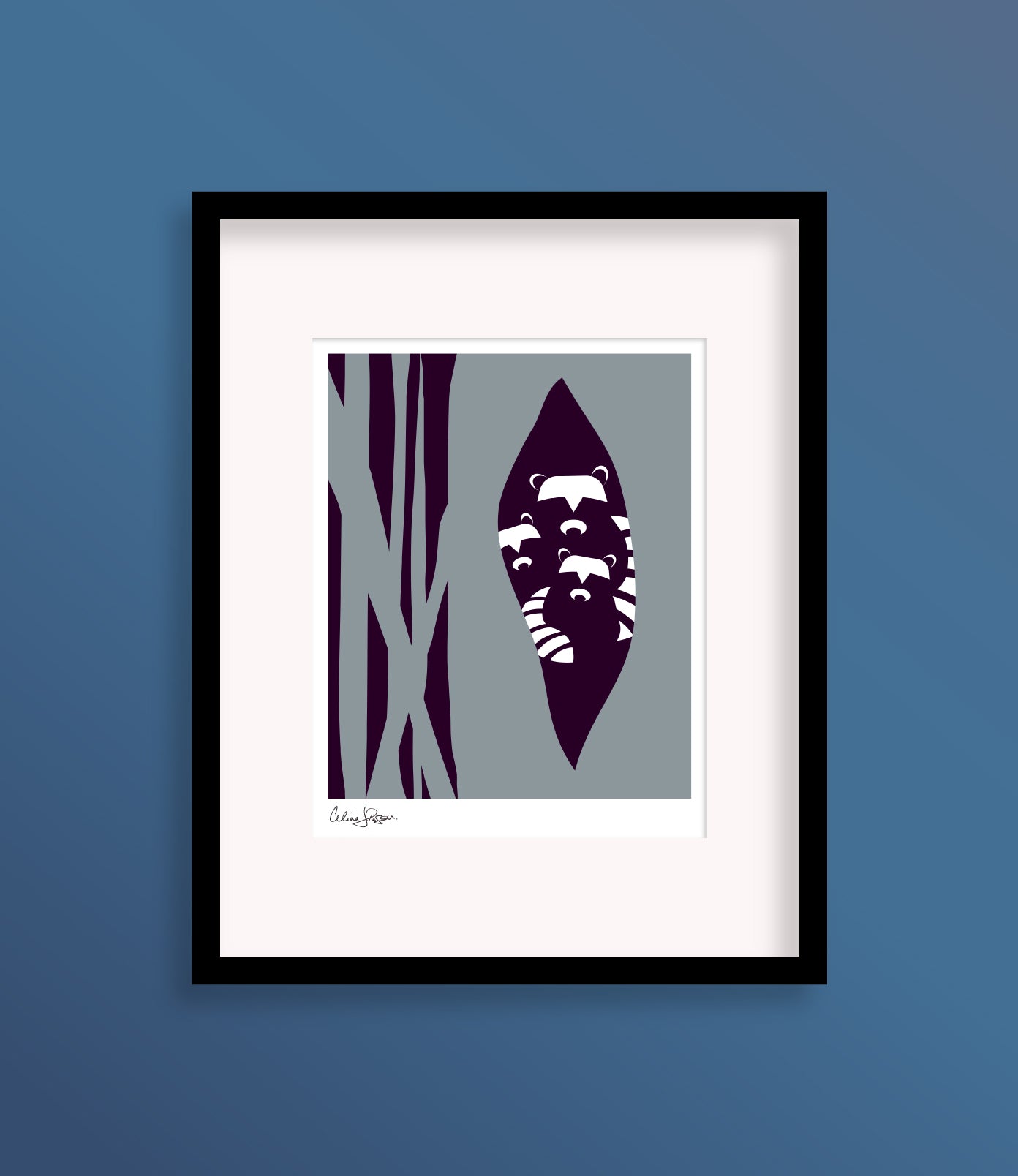8 X 10 Framed art print featuring a family of racoons hiding in the hollow of a tree with the forest in the background.
