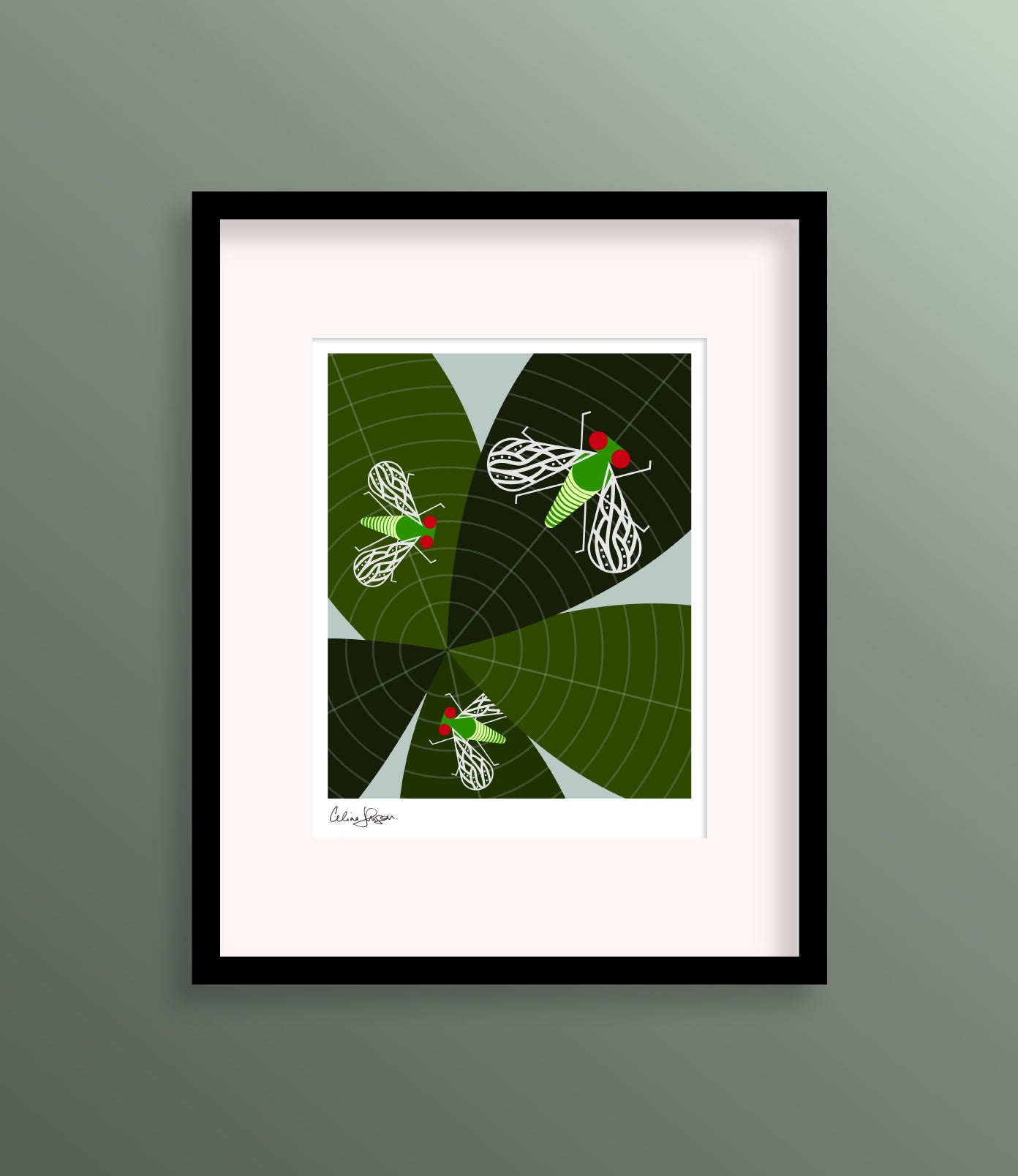 8 X 10 framed art print featuring a birds eye view of three long legged flies sitting on top of green leaves. The leaves have a circular pattern throughout.