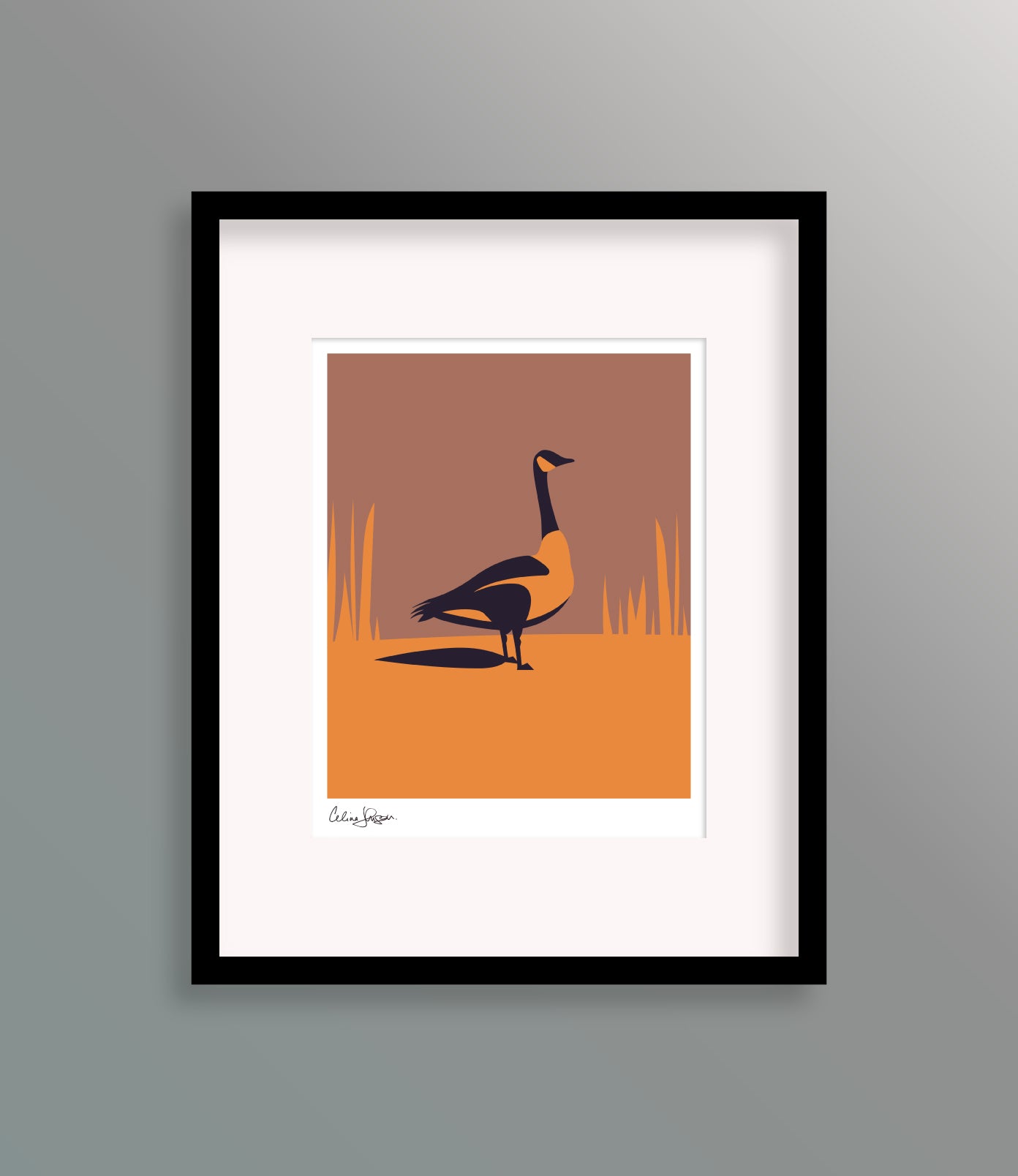 8 X 10 framed art print featuring a three toned image of a Canada Goose standing proudly between long blades of grass.