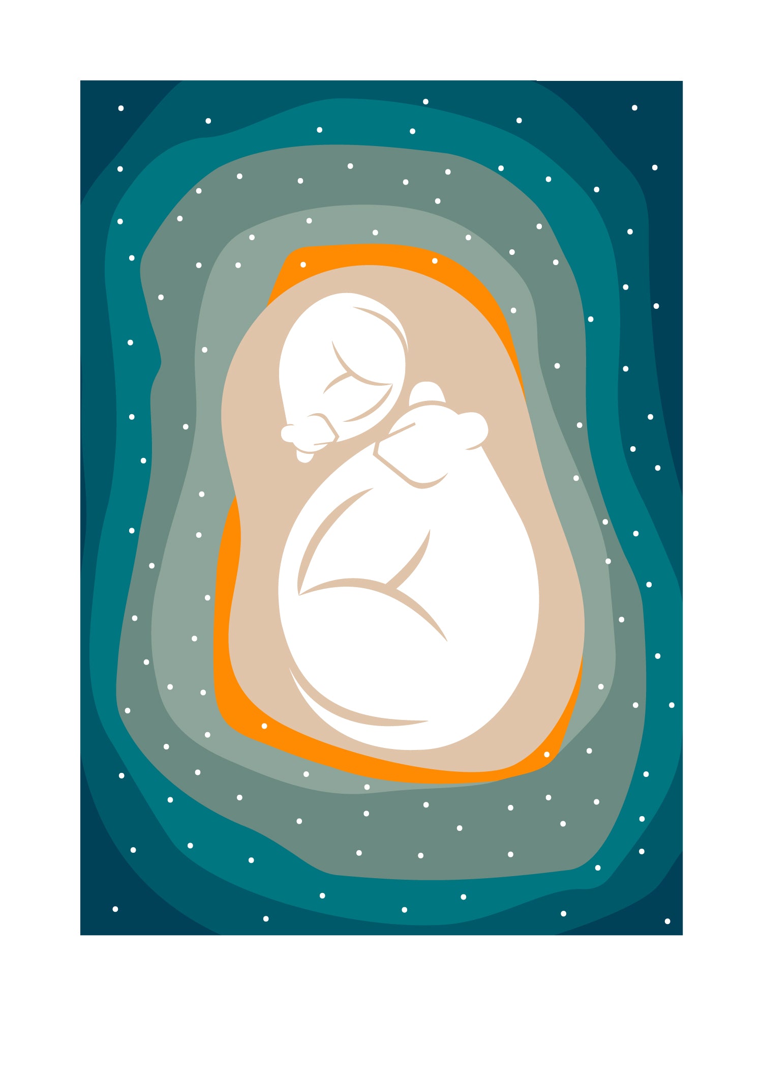 5 X 7 art print featuring a polar bear mother and cub curled up on a brown glacier, surrounded by waves of icy blue water.