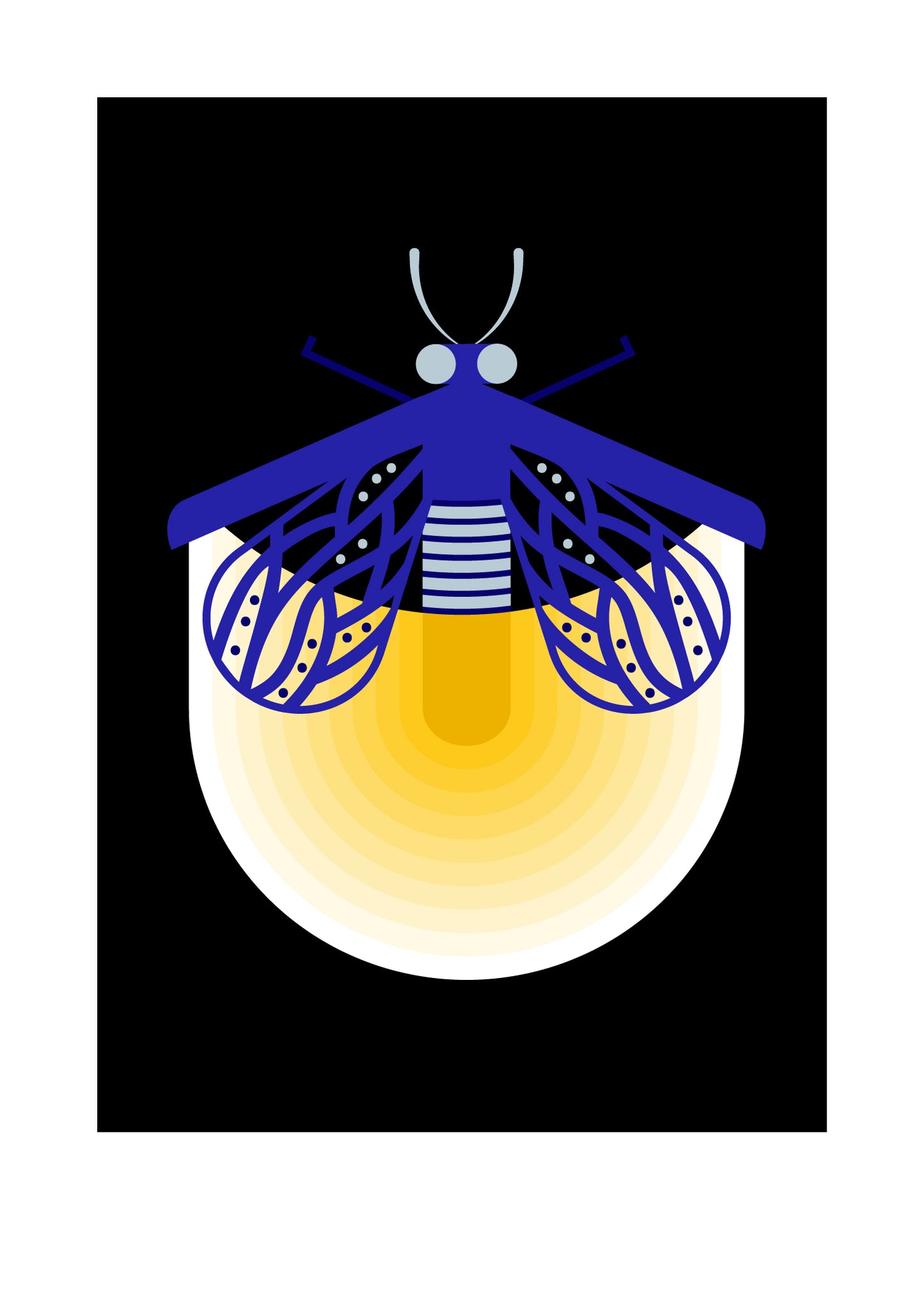 5 X 7 art print featuring dark blue fire fly with shining light.
