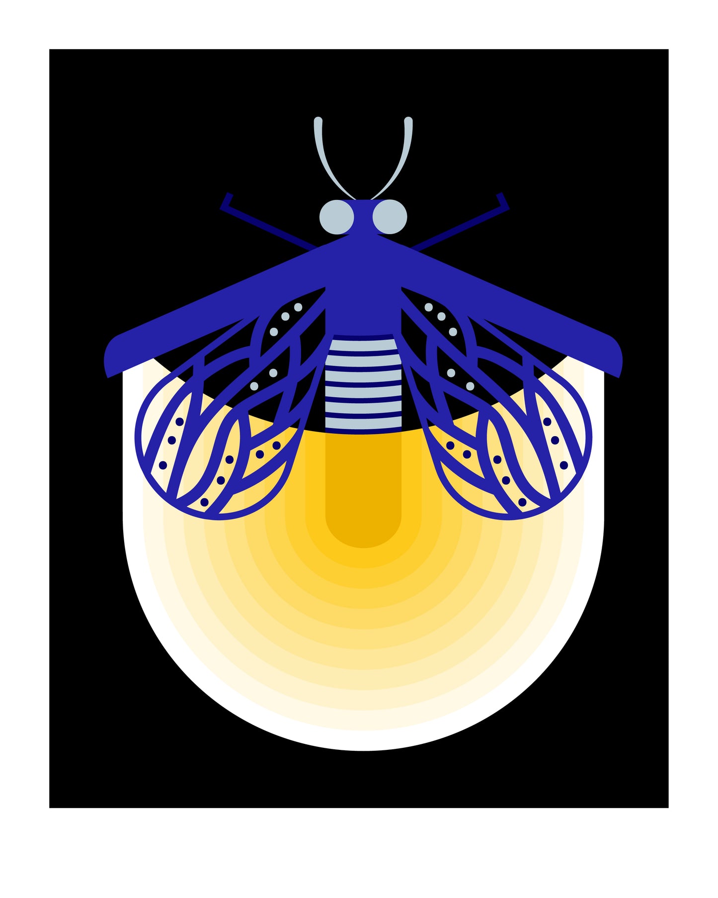 8 X 10 art print featuring dark blue fire fly with shining light.