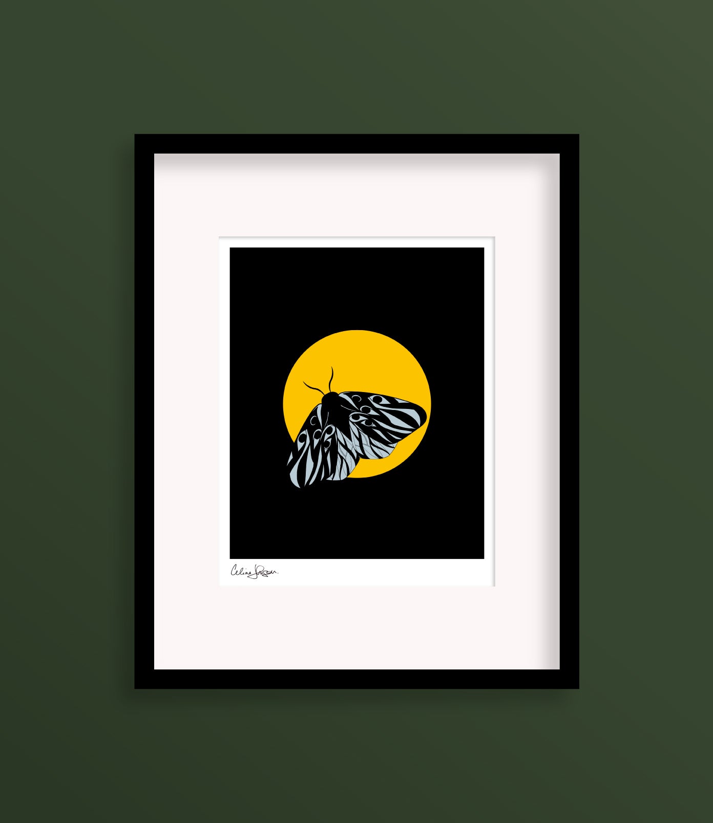 8 X 10 framed art print featuring an intricately designed blue moth on top of a gold circle with a black background