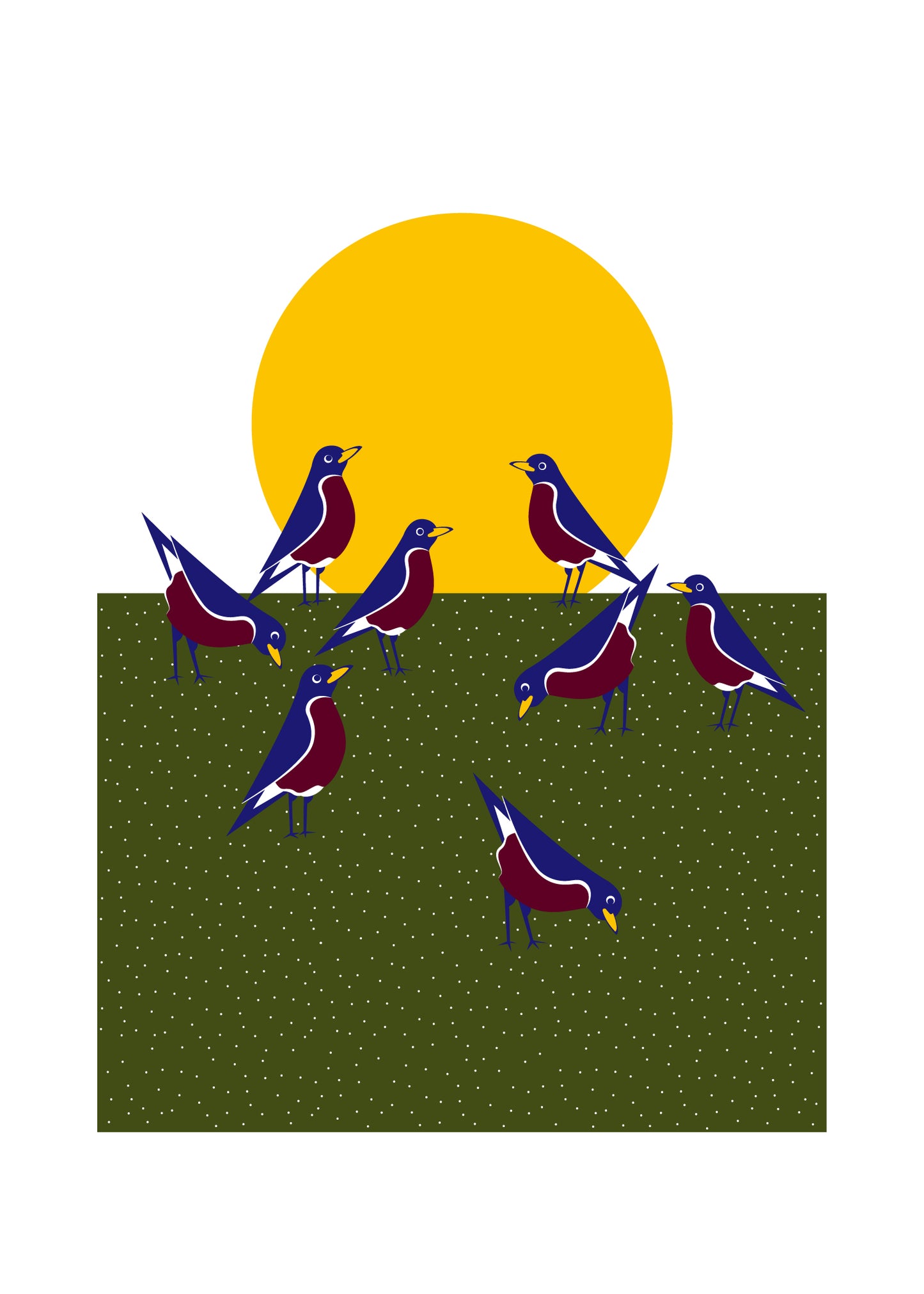 5 X 7 art print featuring a group of robins pecking at the ground, with a yellow sun in the background