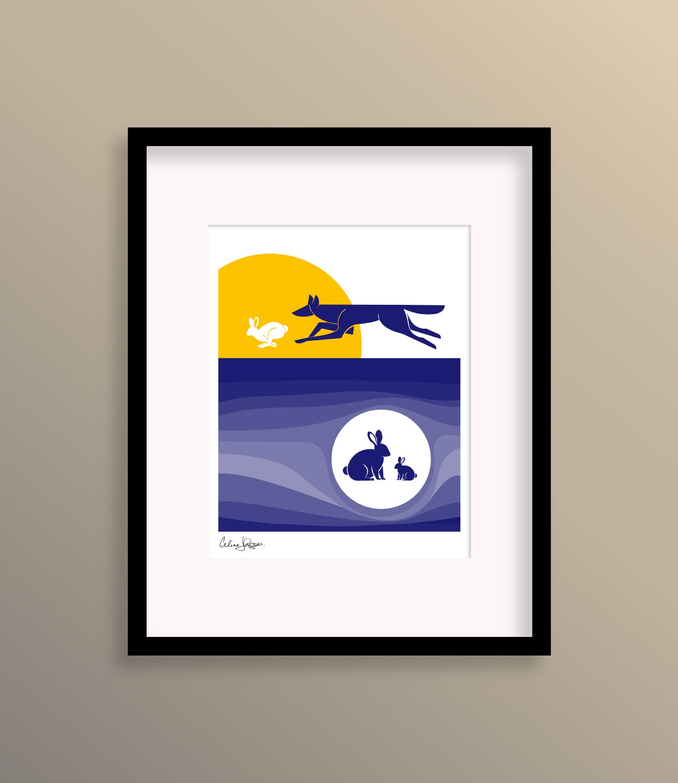 8 X 10 framed art print featuring a coyote chasing after a rabbit, while a mother and baby rabbit wait apprehensively in a den underground.