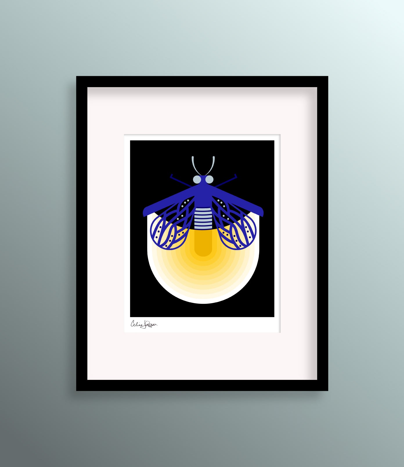 8 X 10 Framed art print featuring dark blue fire fly with shining light.