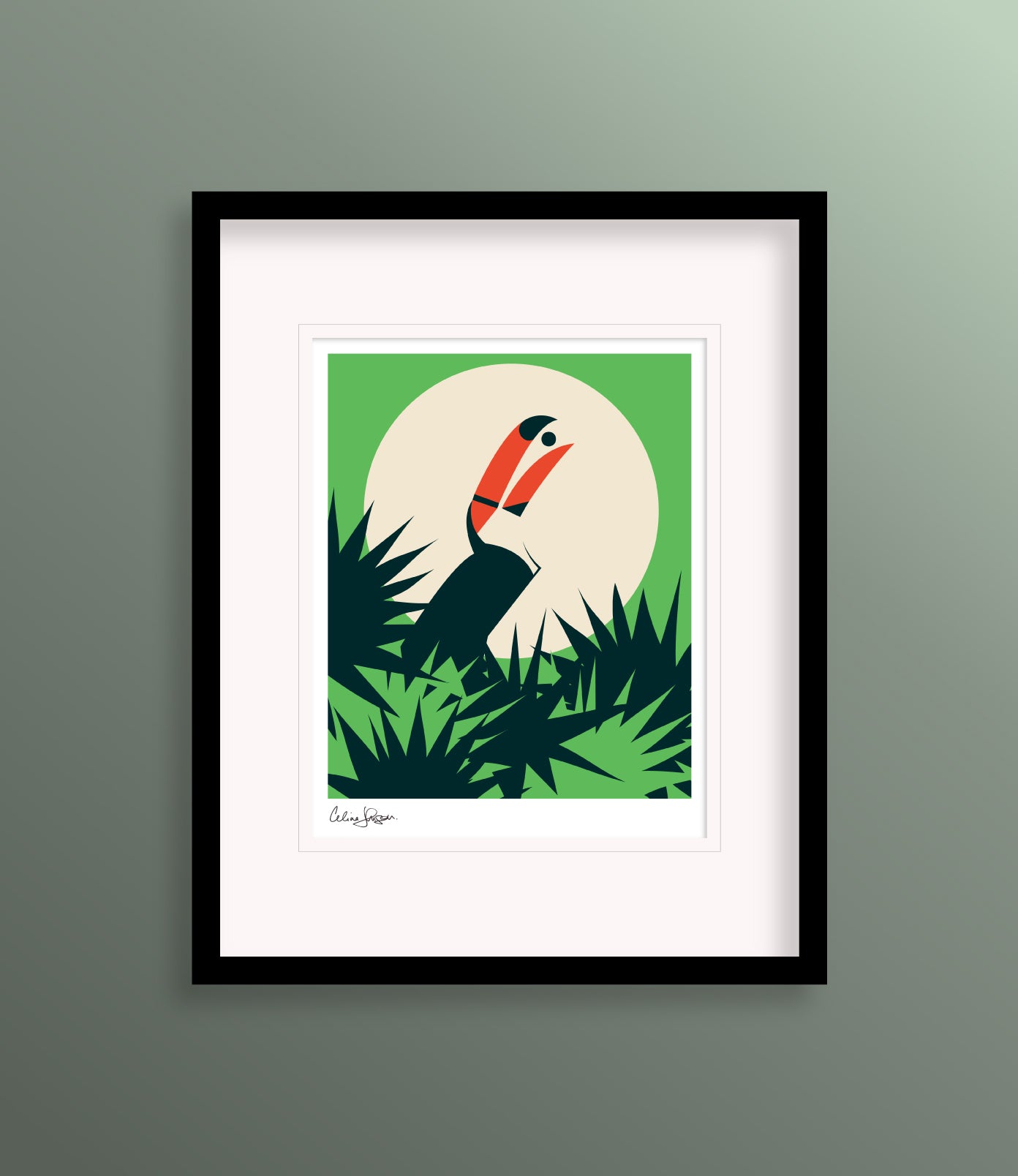 8 X 10 framed art print featuring a toucan sitting in the palm trees. The bird is playing with a nut in its beak, with the sun in the background.