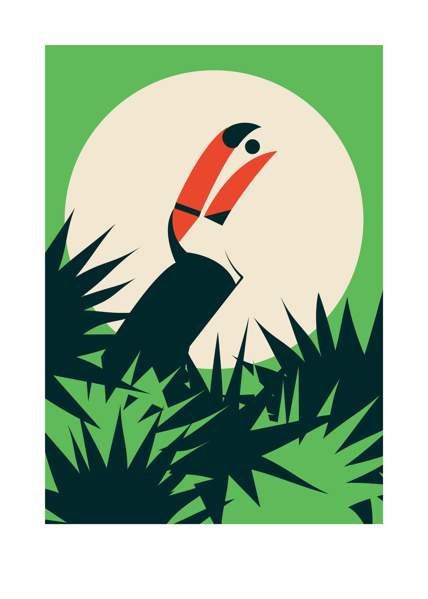 5 X 7 art print featuring a toucan sitting in the palm trees. The bird is playing with a nut in its beak, with the sun in the background.