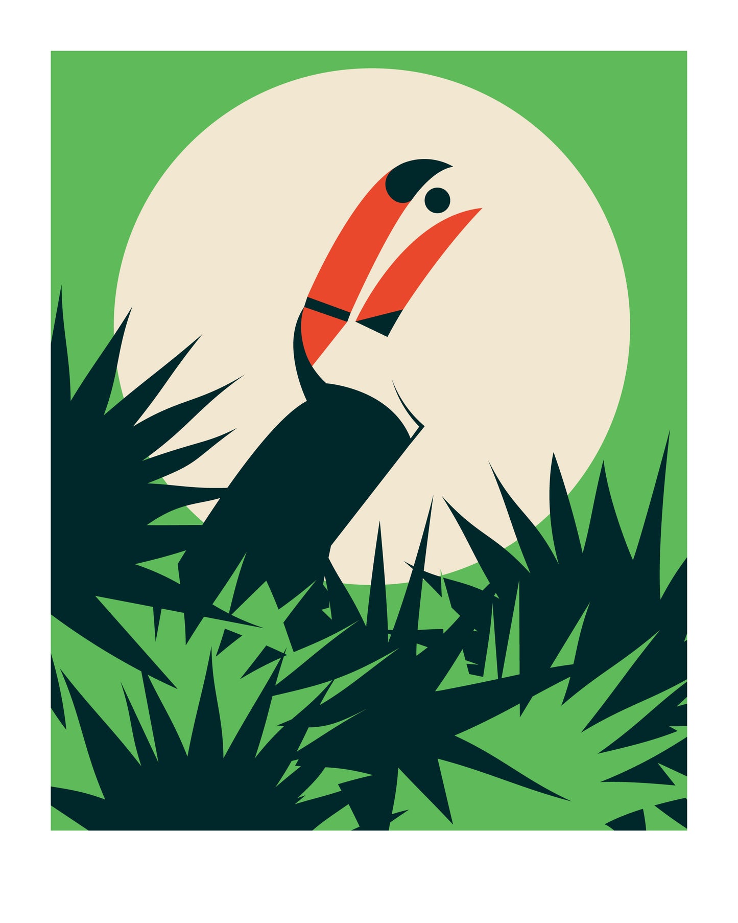 8 X 10 art print featuring a toucan sitting in the palm trees. The bird is playing with a nut in its beak, with the sun in the background.