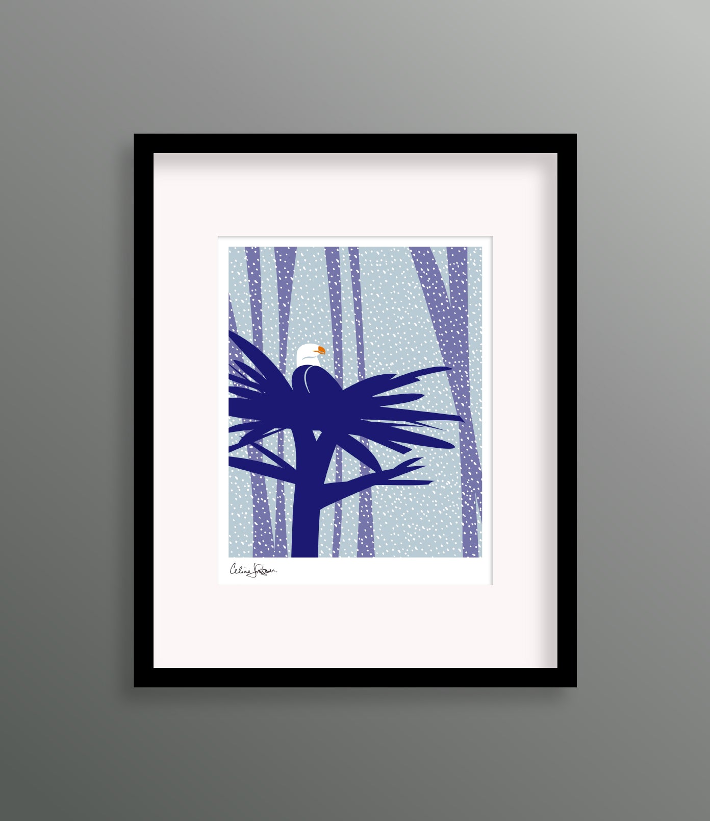 8 X 10 framed art print featuring a bald eagle sitting in a nest high in the tree tops. Snow is falling in the background