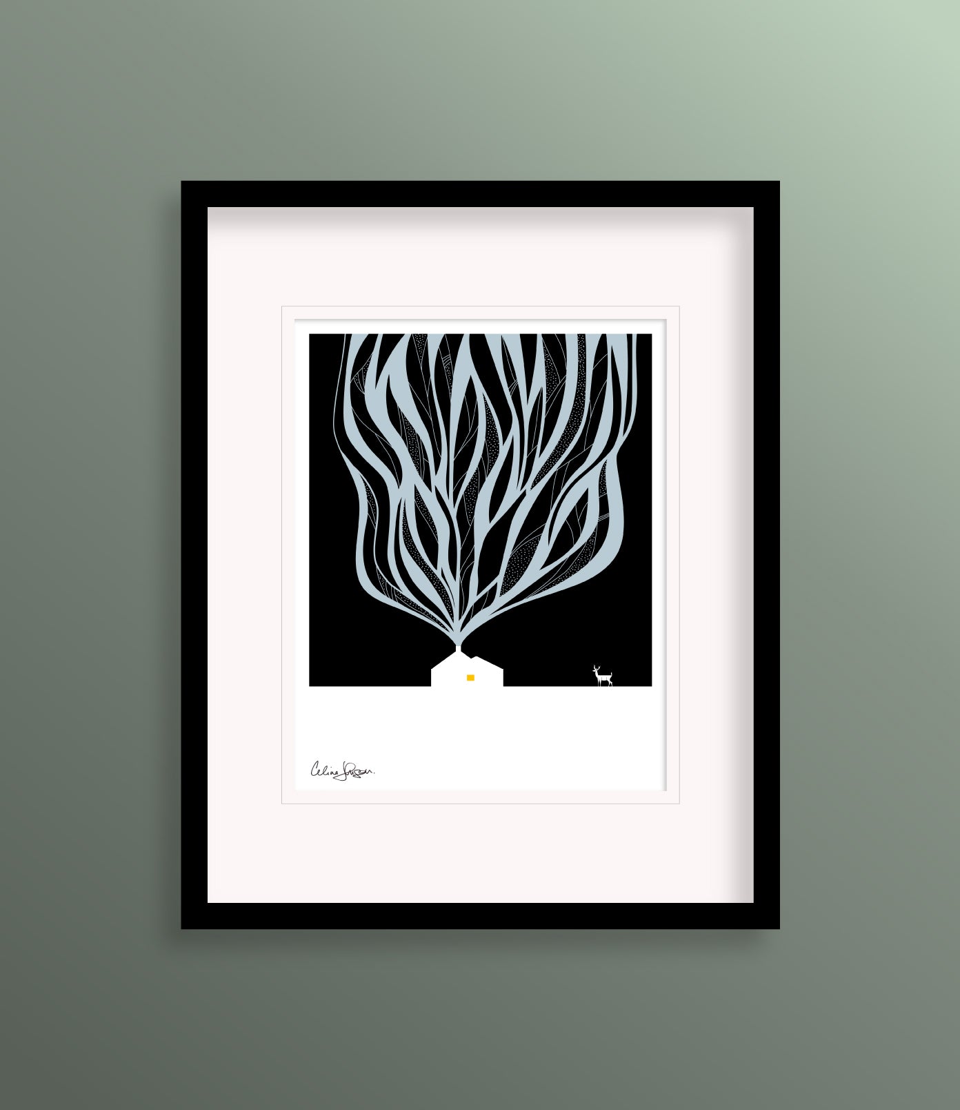8 X 10 framed art print featuring a log cabin with blue smoke billowing out of the chimney. A lone buck stands off to the side looking on.
