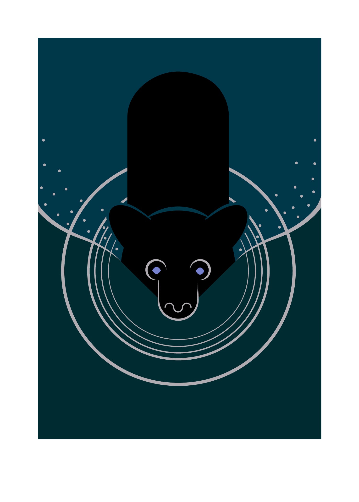 5 X 7 art print featuring a black bear swimming. The bear leaves a ripple and a wake behind him.