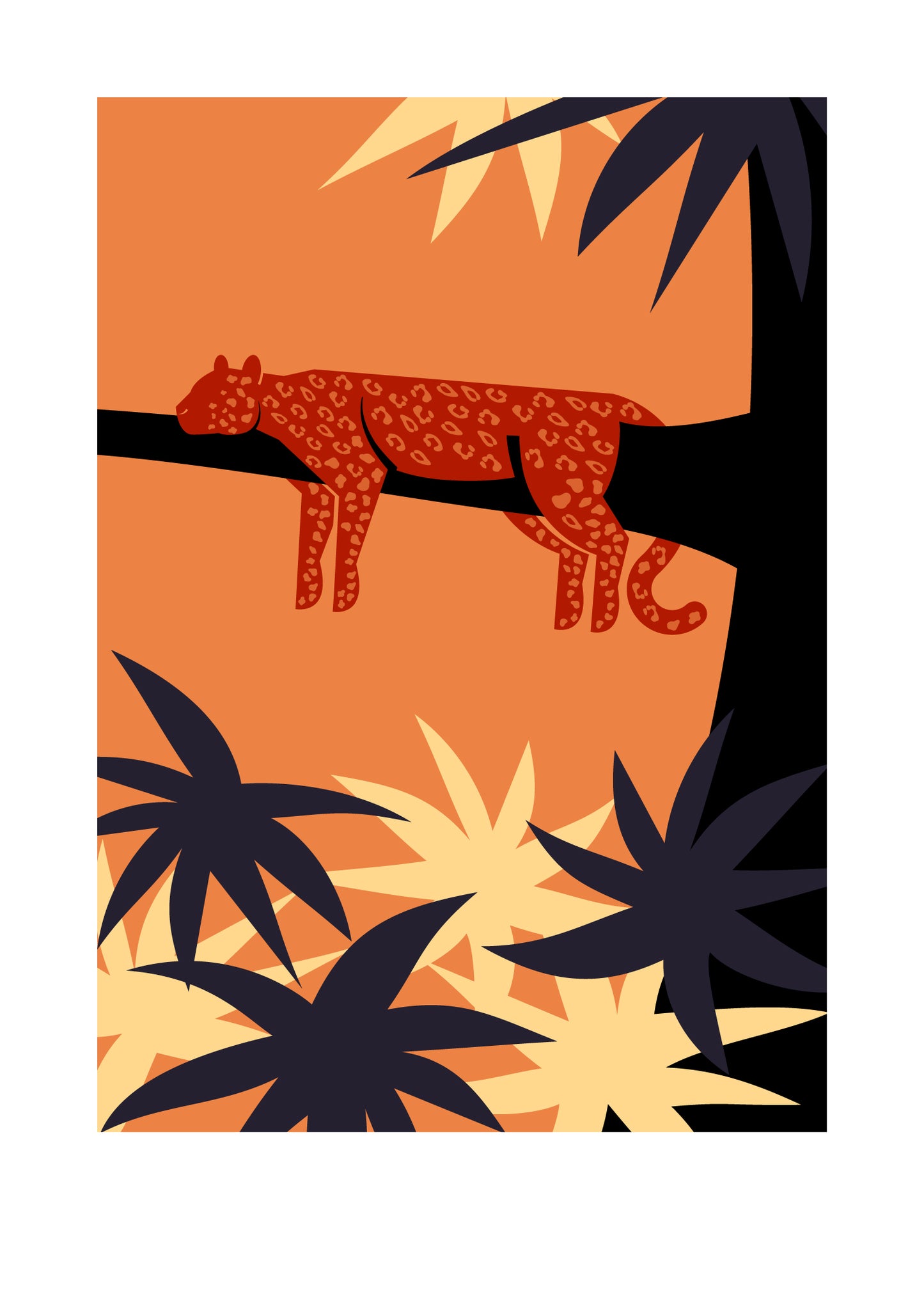 5 X 7 Art print featuring a jaguar sleeping on the branch of a tree in the forest. 