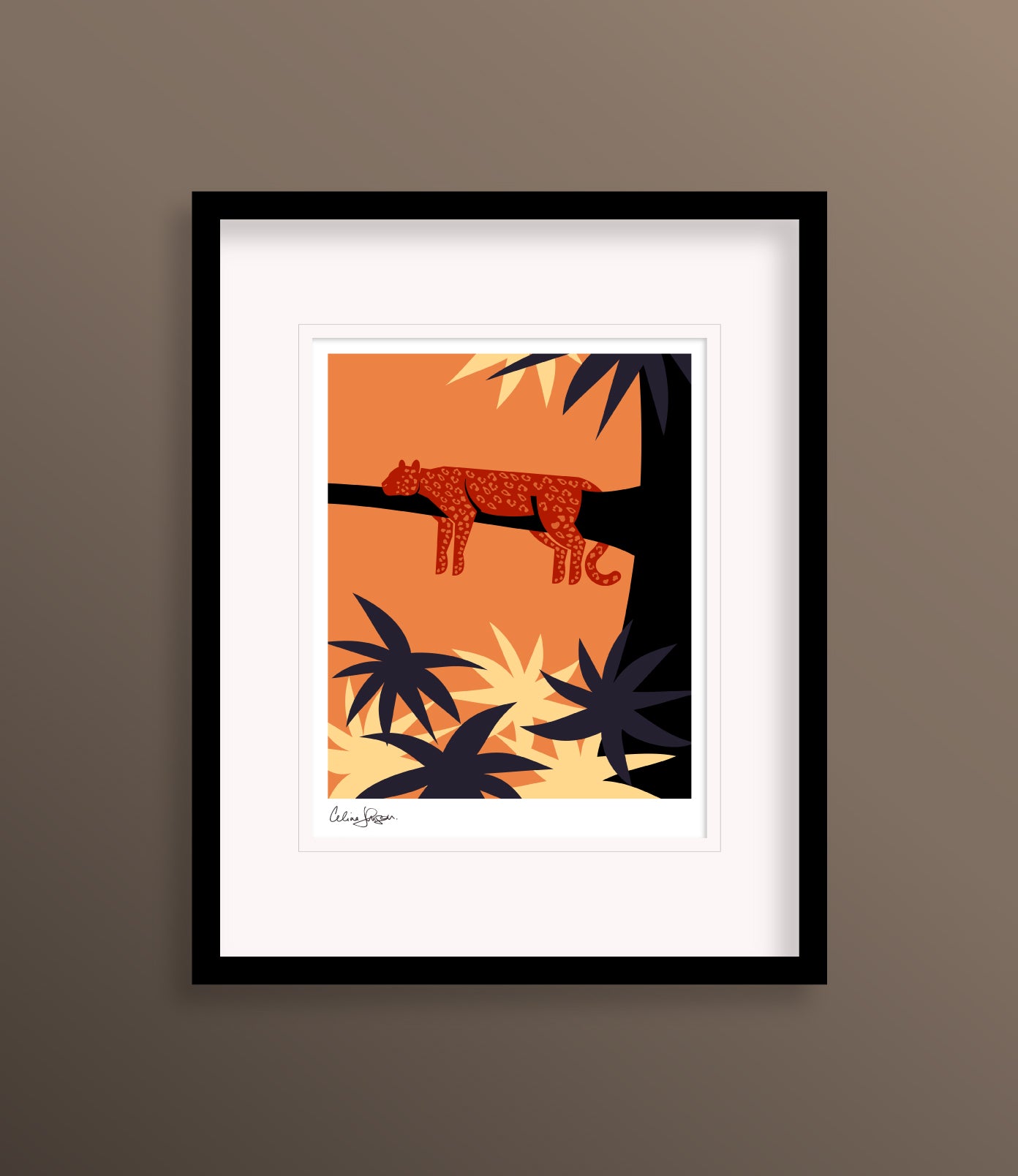 8 X 10 Framed art print featuring a jaguar sleeping on the branch of a tree in the forest. 