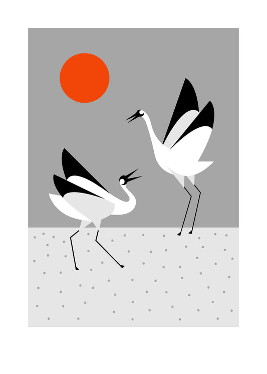 5 X 7 art print featuring two whooping cranes dancing with an orange sun against a grey background.