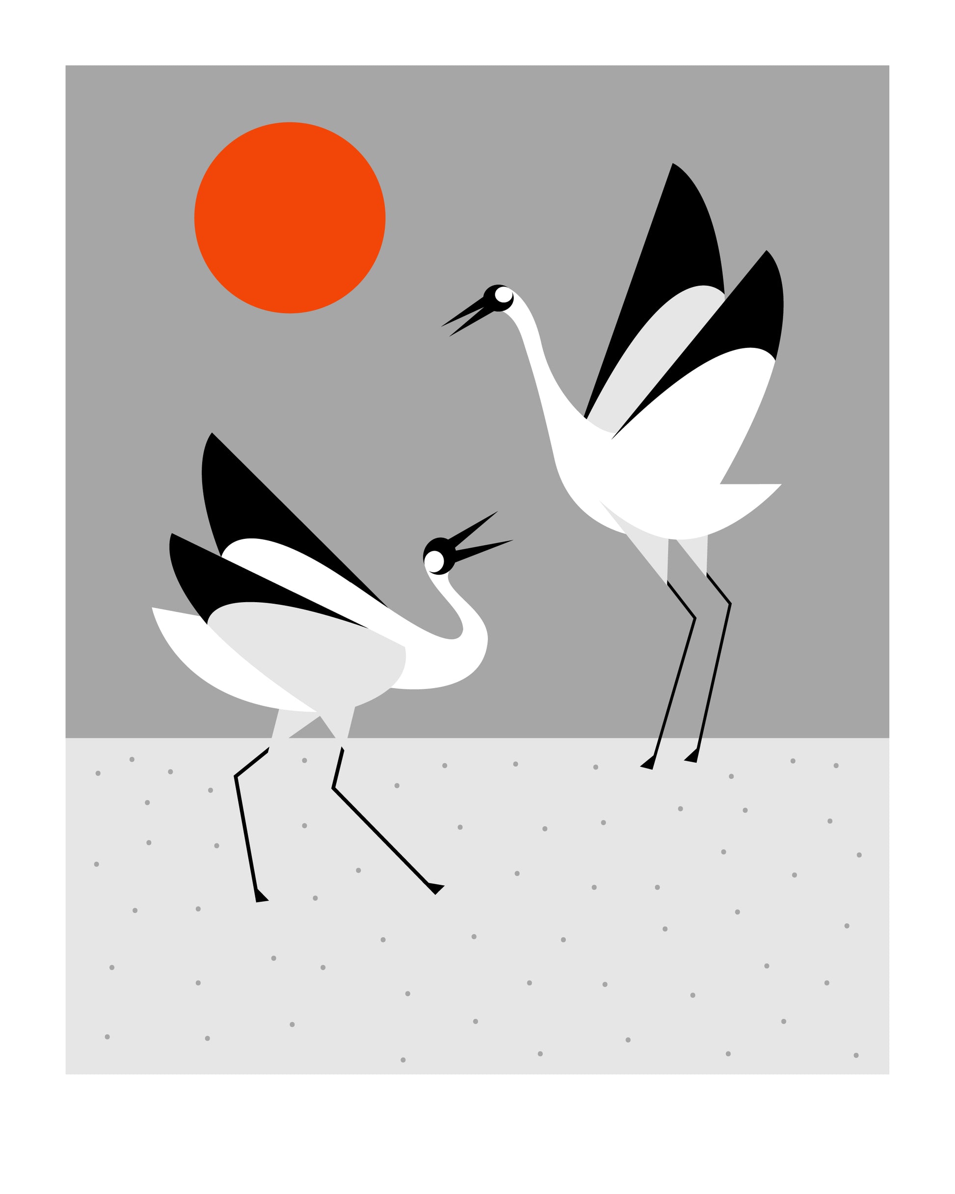 8 X 10 art print featuring two whooping cranes dancing with an orange sun against a grey background.