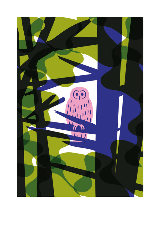 5 X 7 art print featuring a pink owl sitting on a branch, framed by bright green and blue trees in a forest. 