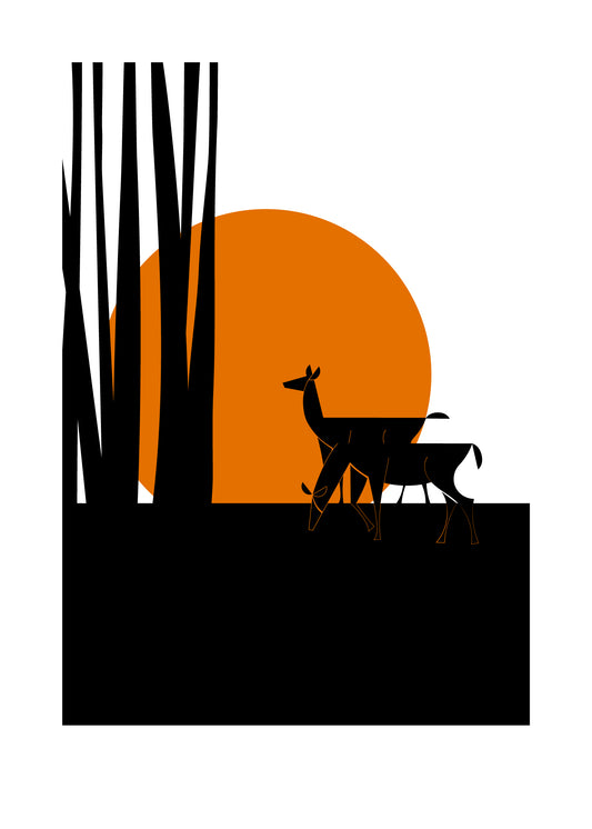 5 X 7 art print featuring two deer in silhouette at the edge of a forest. A bright orange harvest moon is in the background.